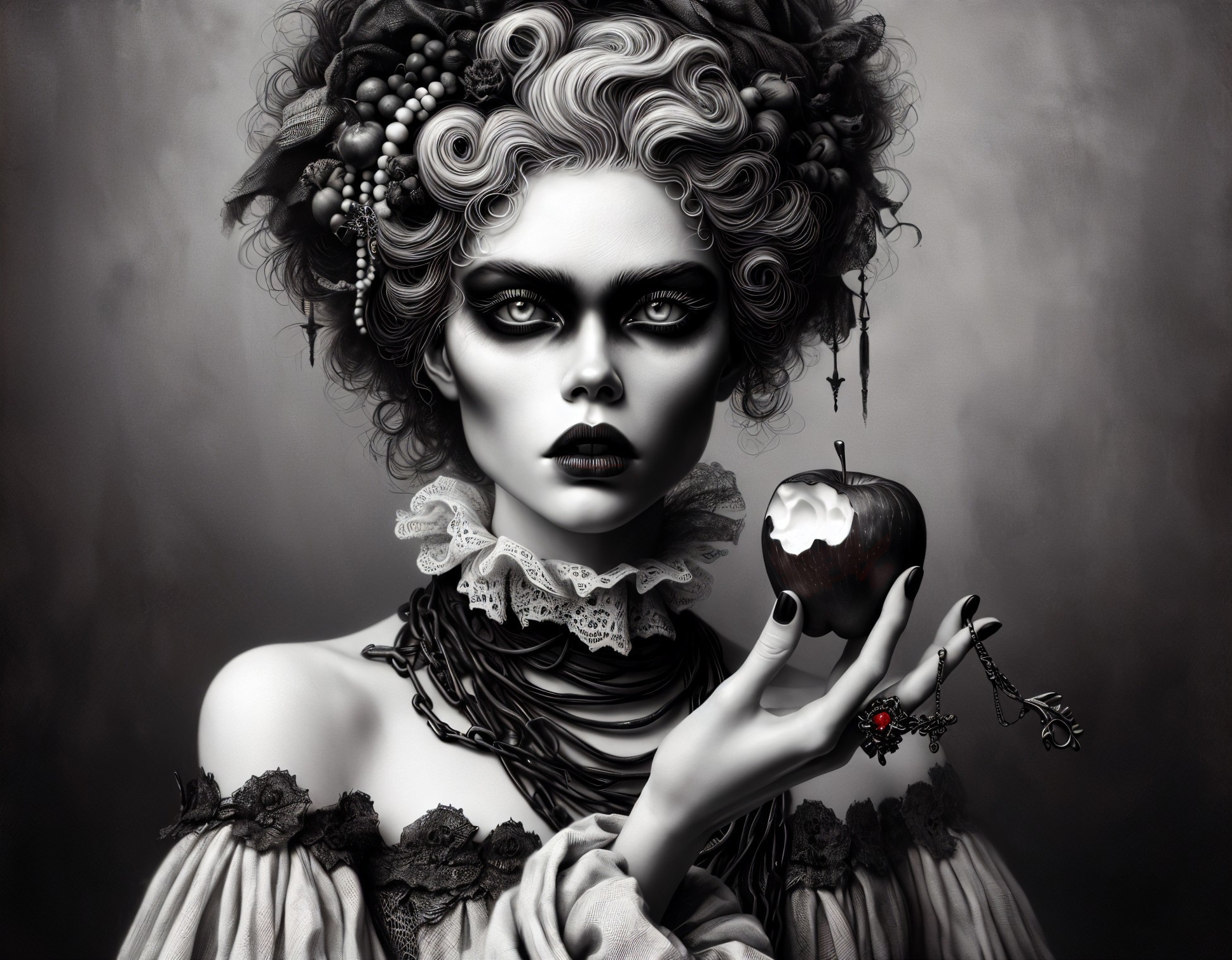 Black-and-white portrait of a woman with dramatic features