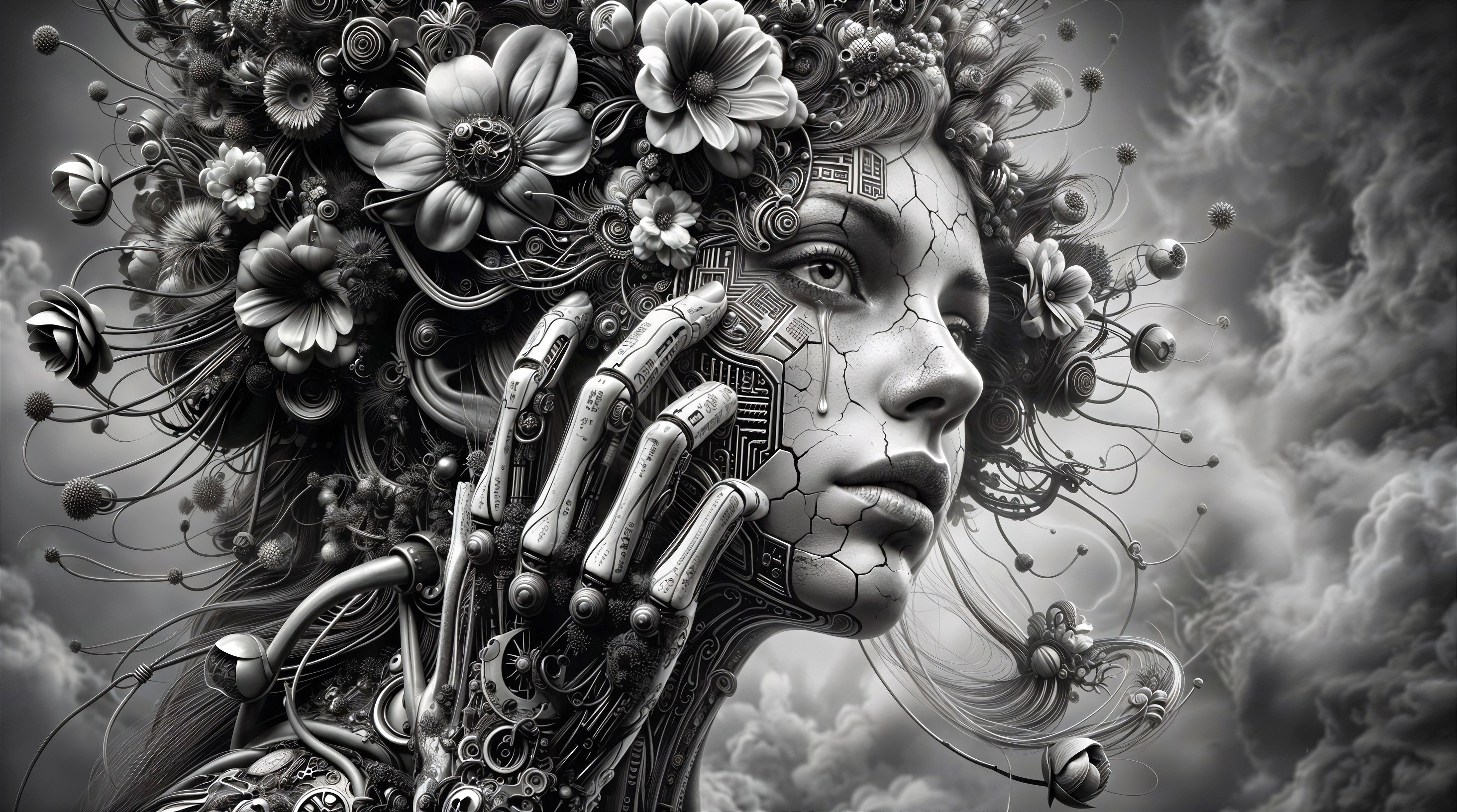 Black and white artistic rendering of a woman's face