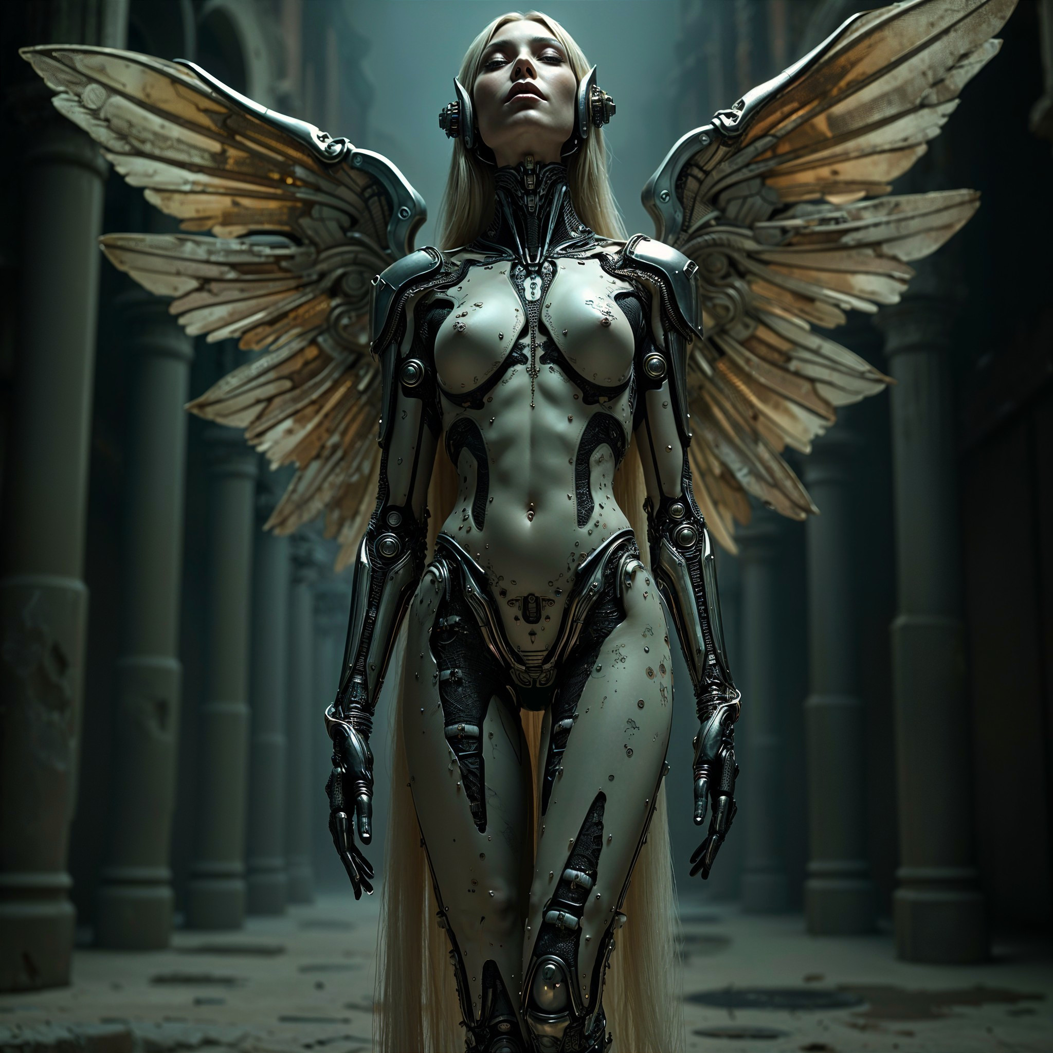 Futuristic Android with Iridescent Wings in Ruins