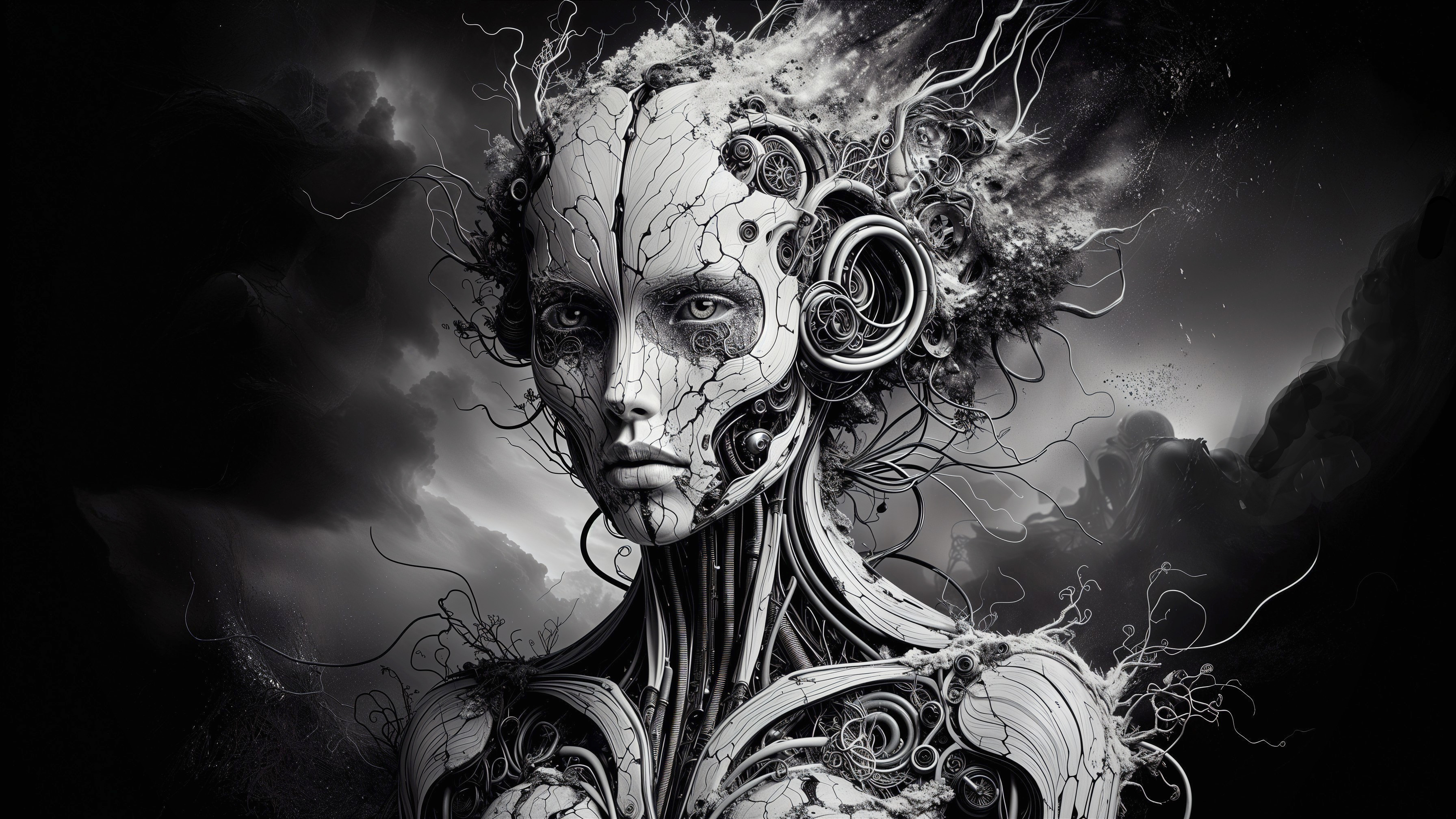 Humanoid Figure Merging Organic and Mechanical Elements