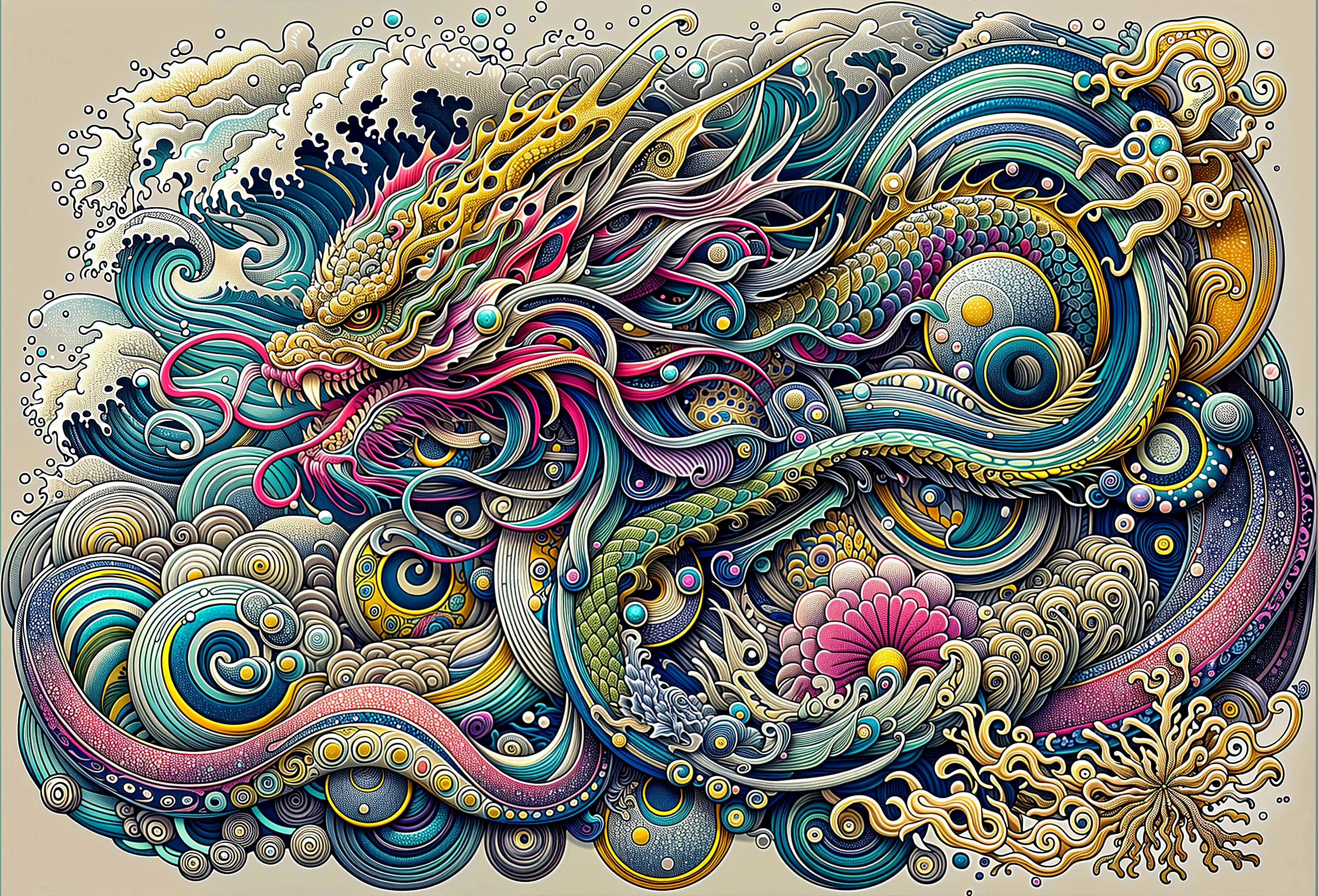 Intricate Dragon Design Entwined in Swirling Waves