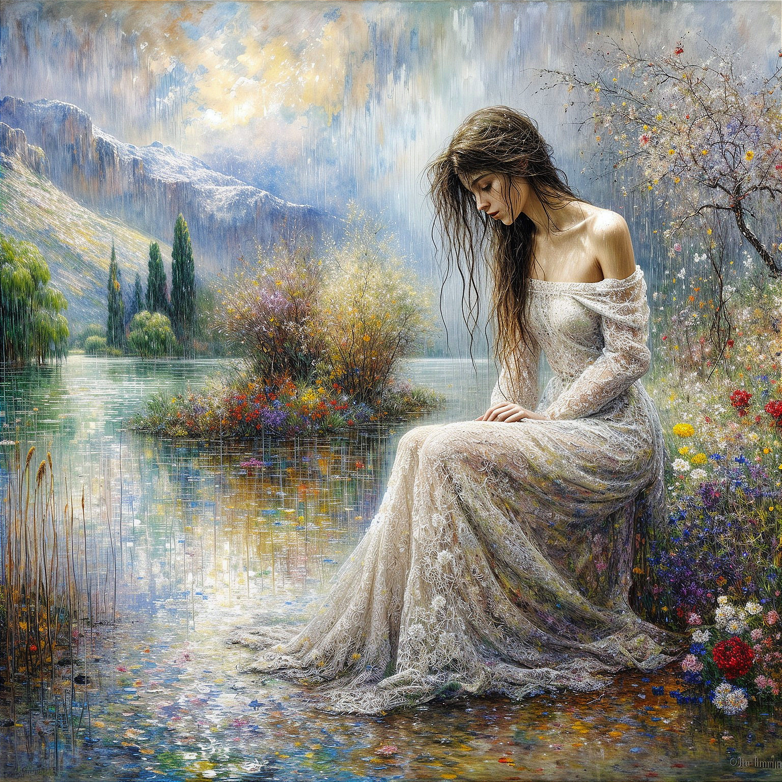 Serene landscape with woman by tranquil lake and flowers