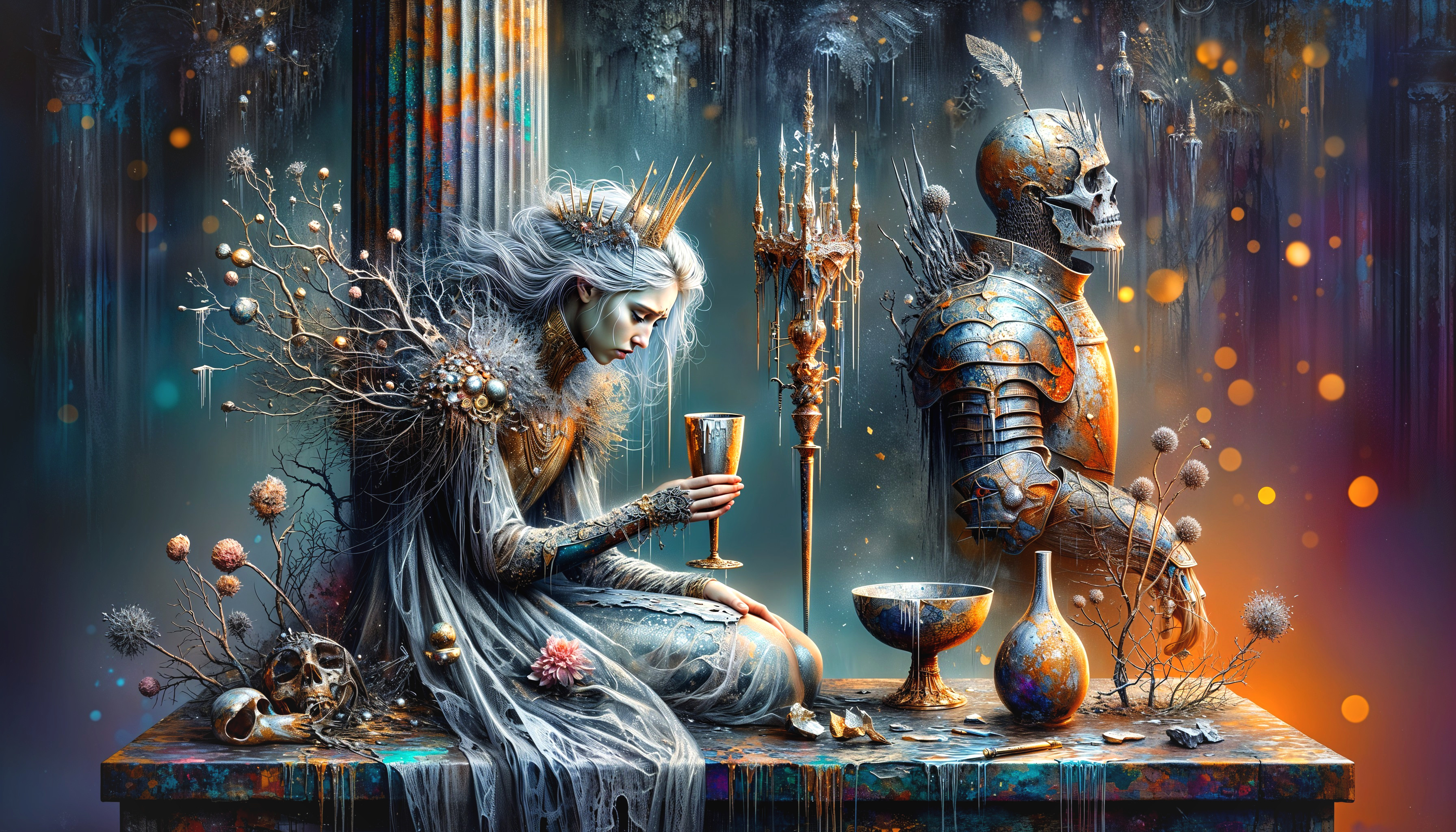 Somber Figure and Skeletal Knight in Enchanted Setting
