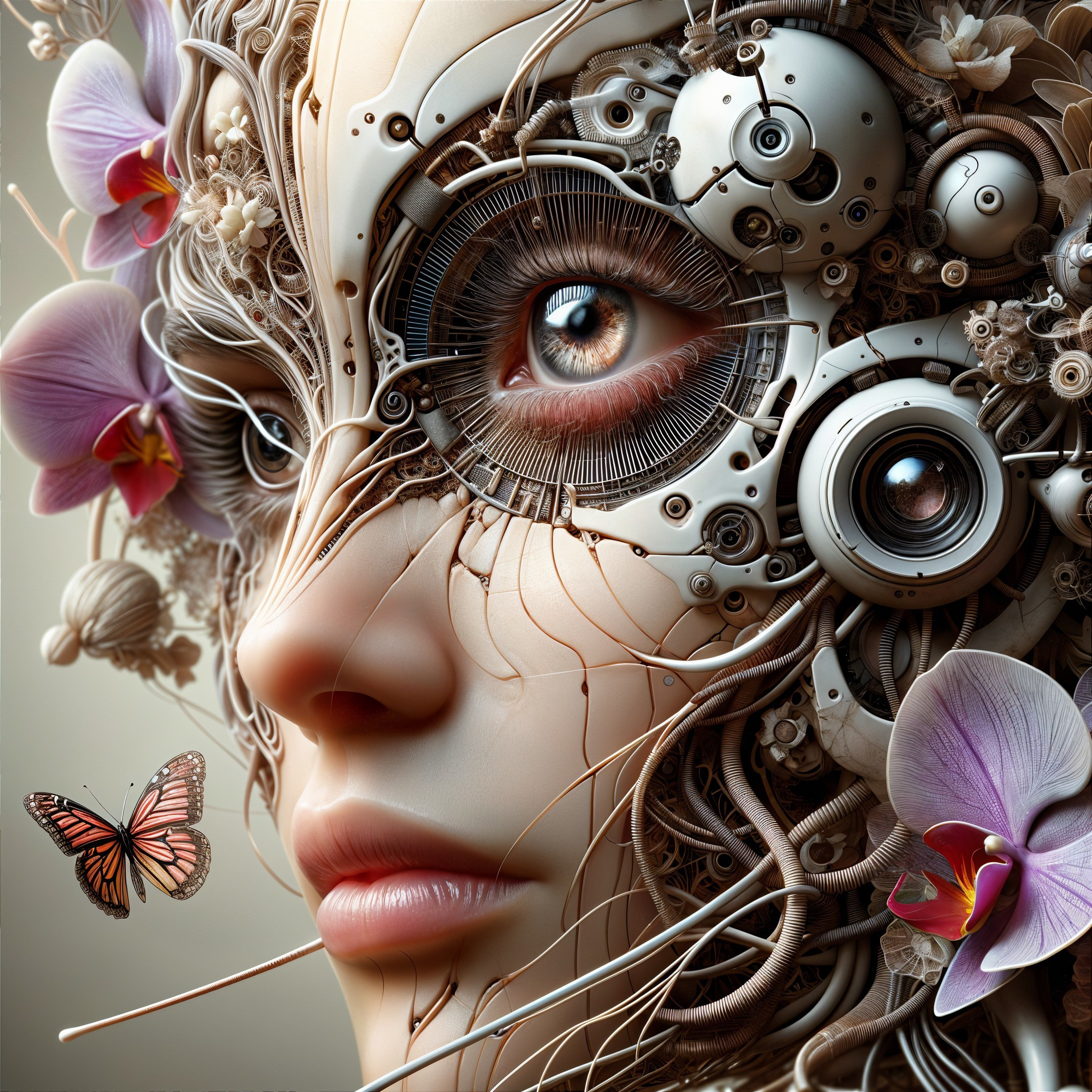 Futuristic Woman with Mechanical Face and Orchids