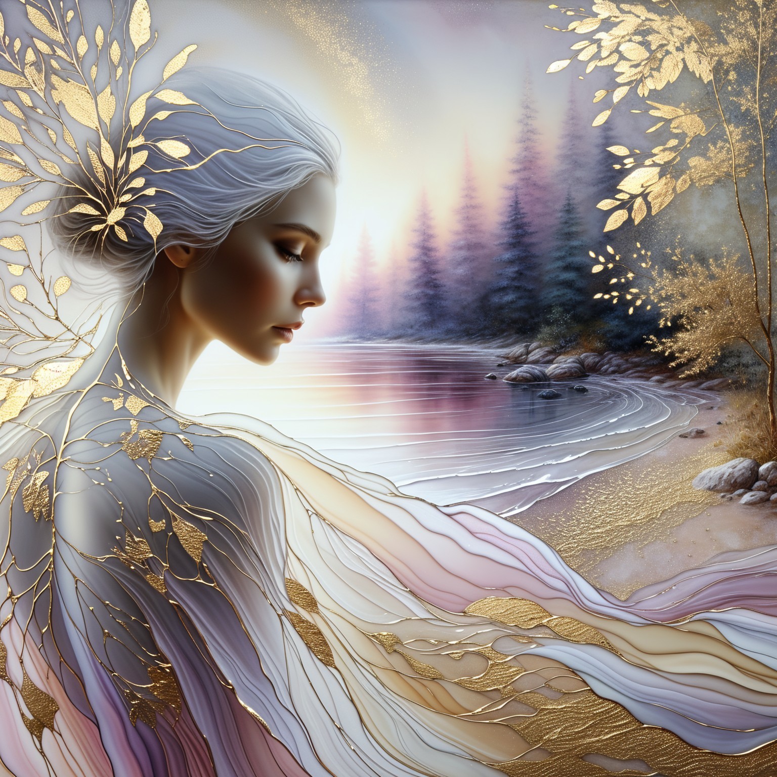 Ethereal Figure by a Tranquil Riverfront Scene
