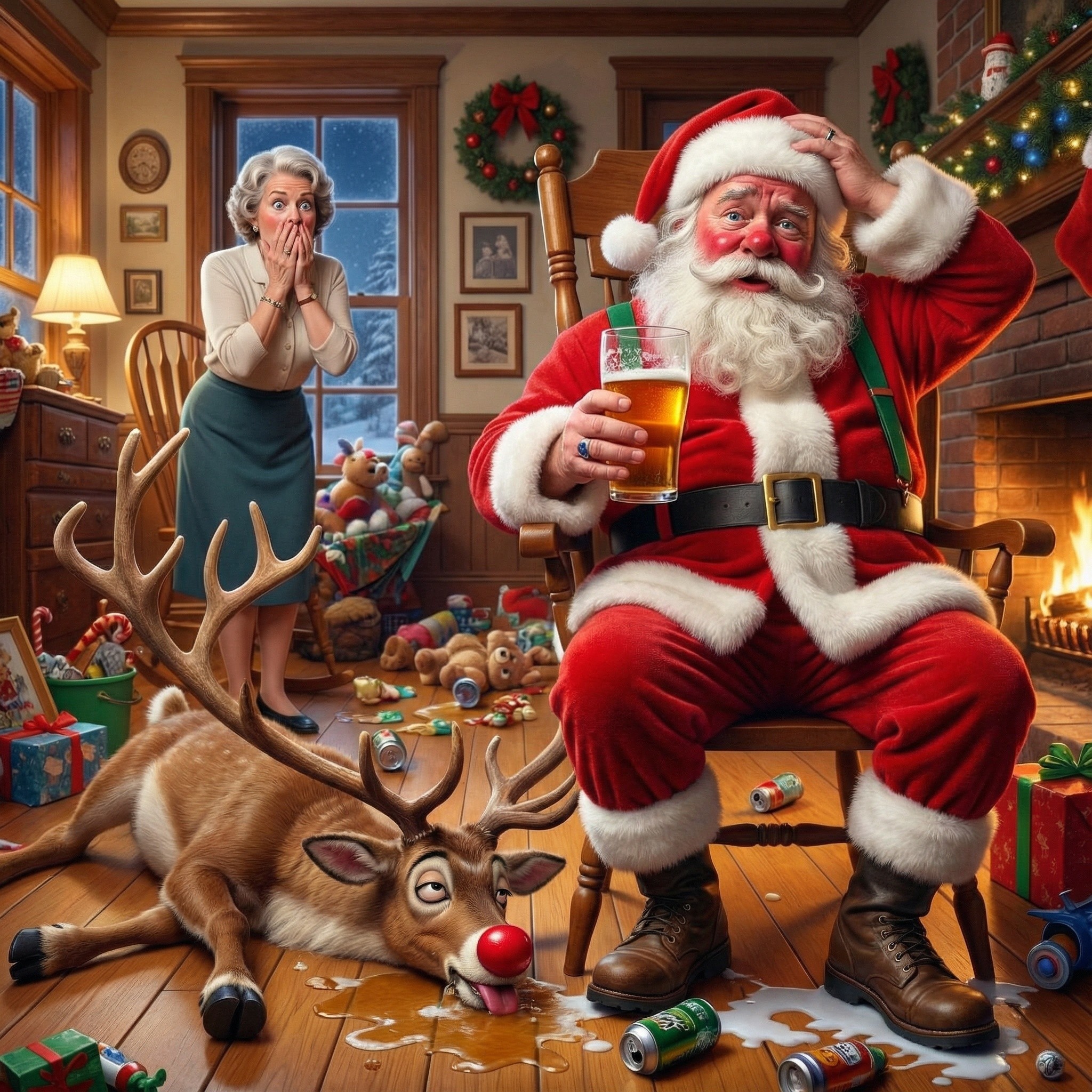 Messy Christmas Living Room with Santa and Reindeer