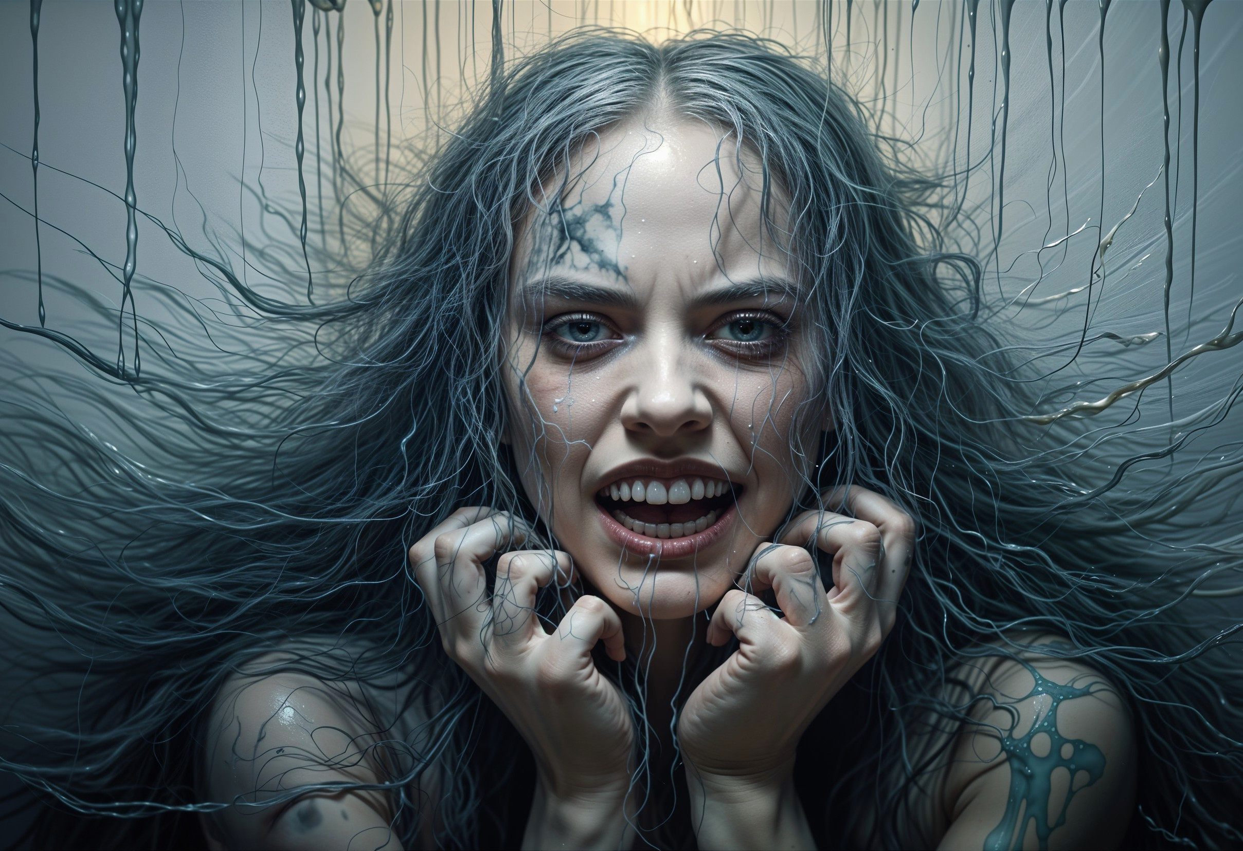 Haunting Figure with Gray Hair and Intricate Tattoos