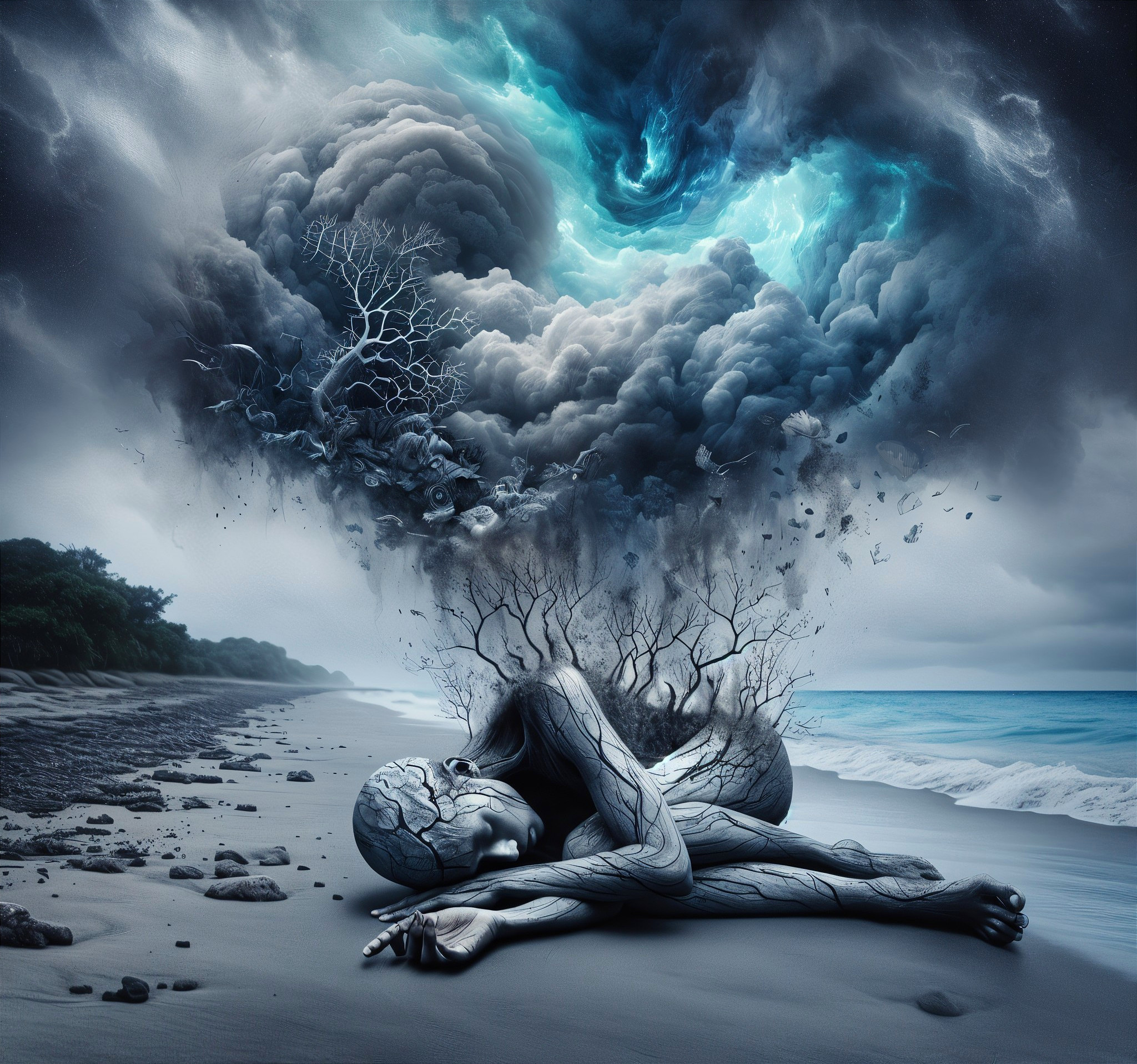 Surreal Beach Scene with Figure of Tree Branches