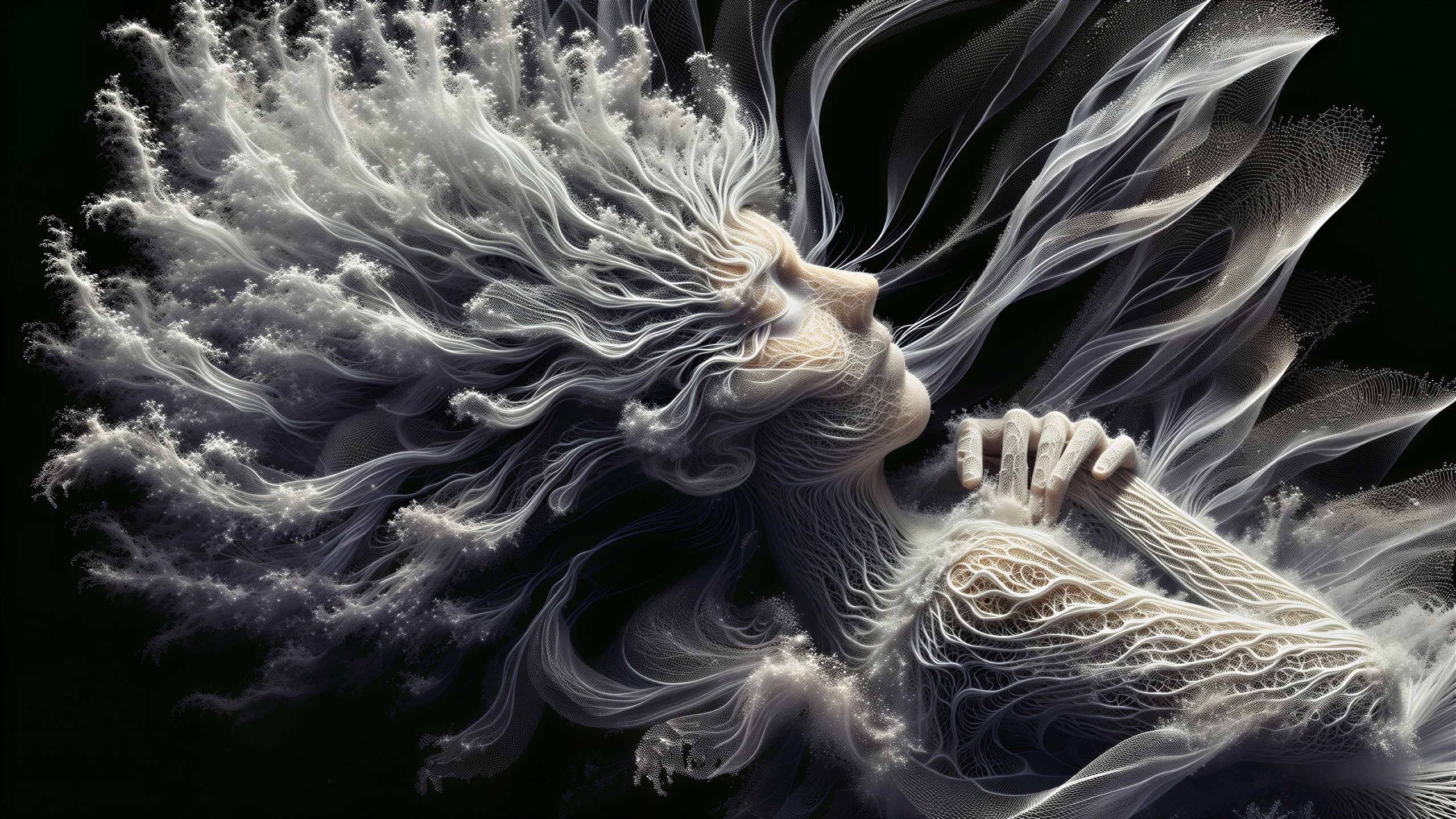 Ethereal Figure with Flowing Hair and Abstract Patterns