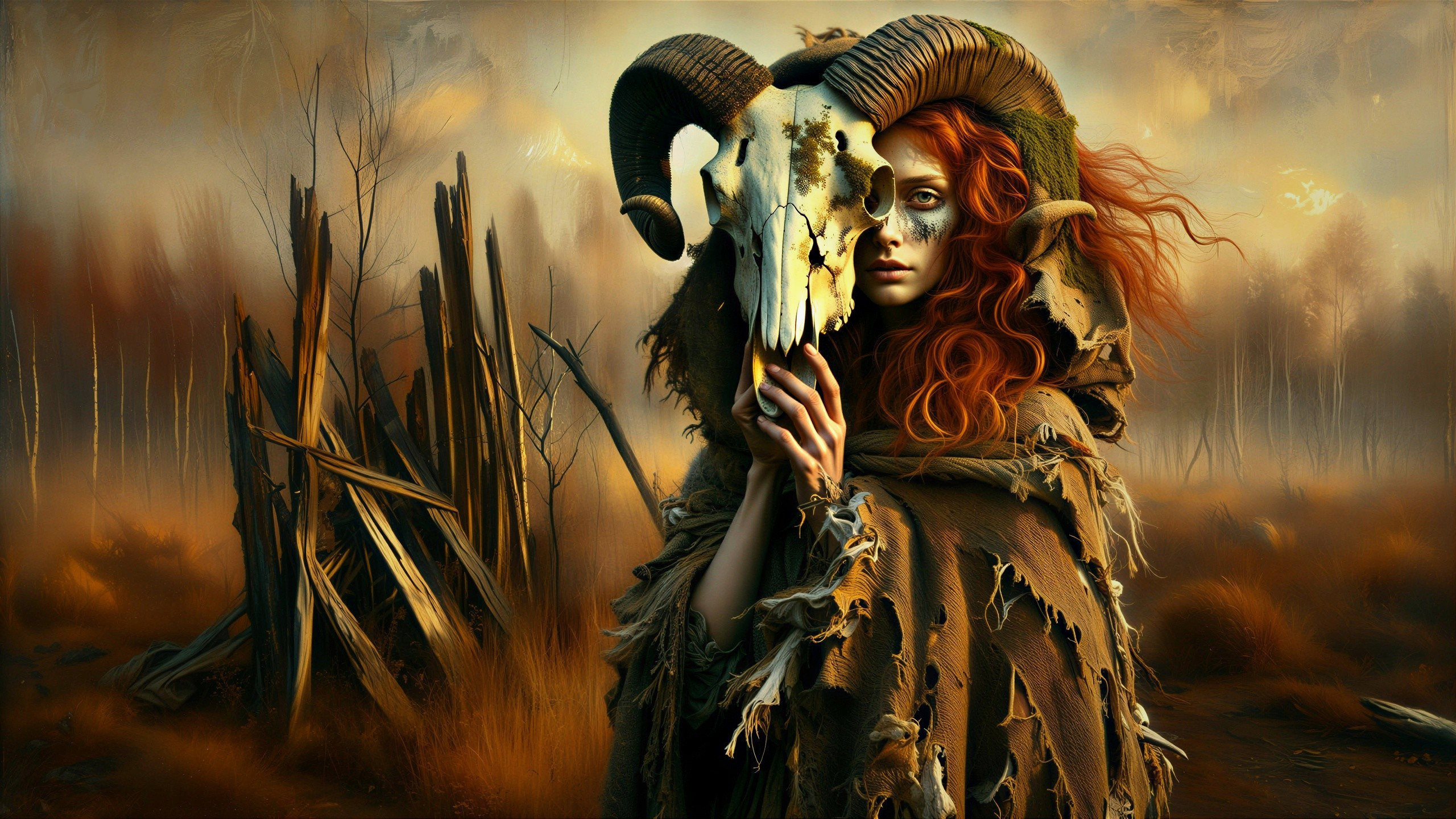 Mysterious Figure with Ram Skull Mask in Desolate Landscape