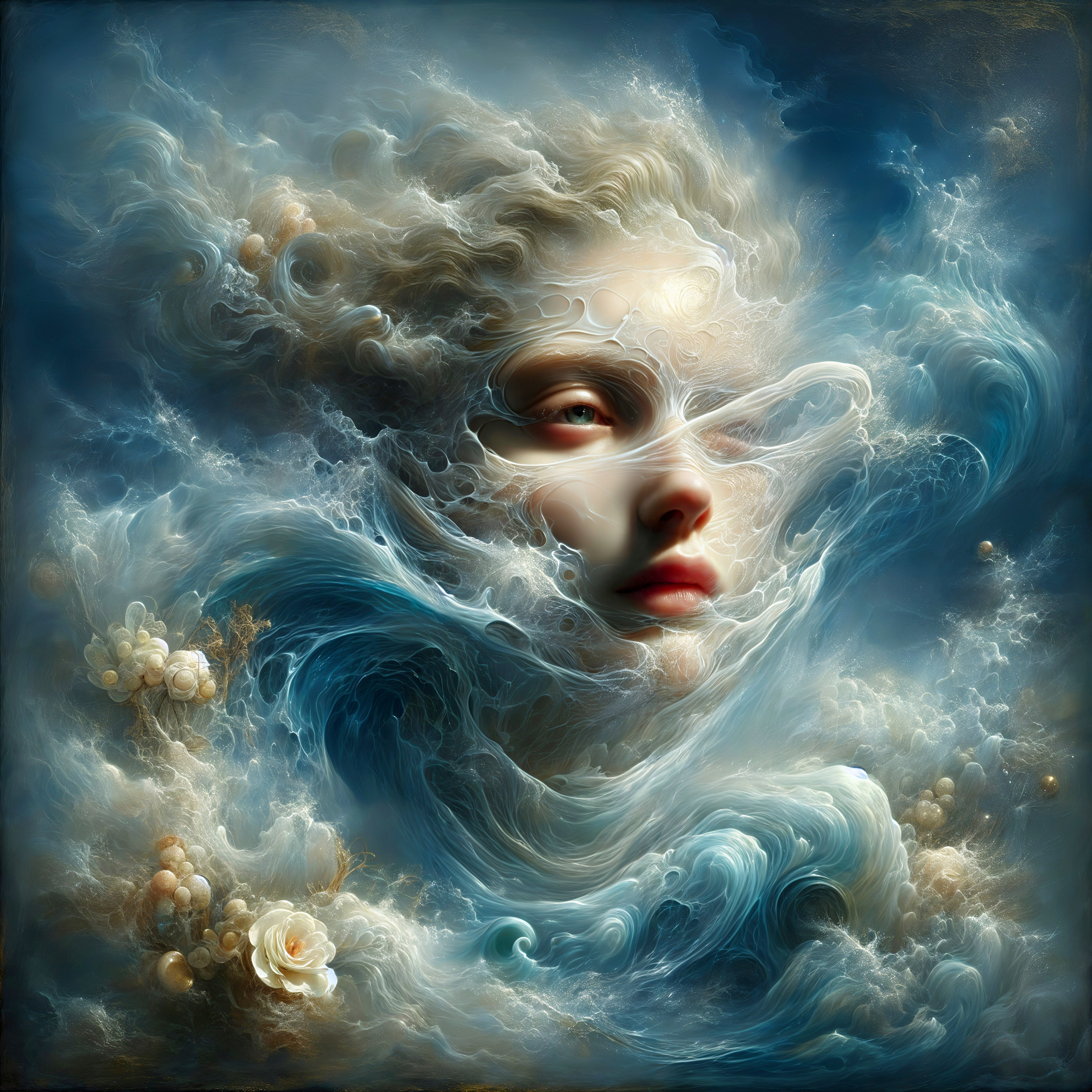 Surreal Ethereal Figure in Dreamlike Clouds and Waves