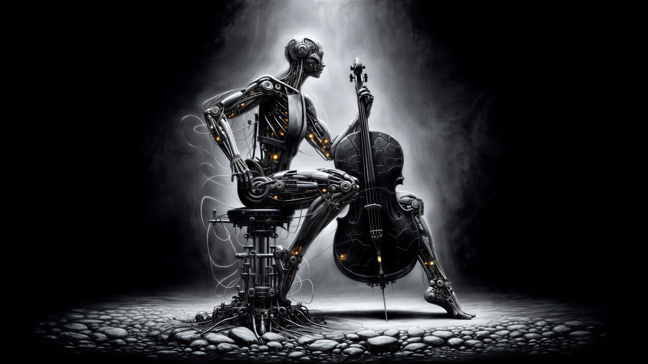 Futuristic Robotic Figure with Cello in Black-and-White