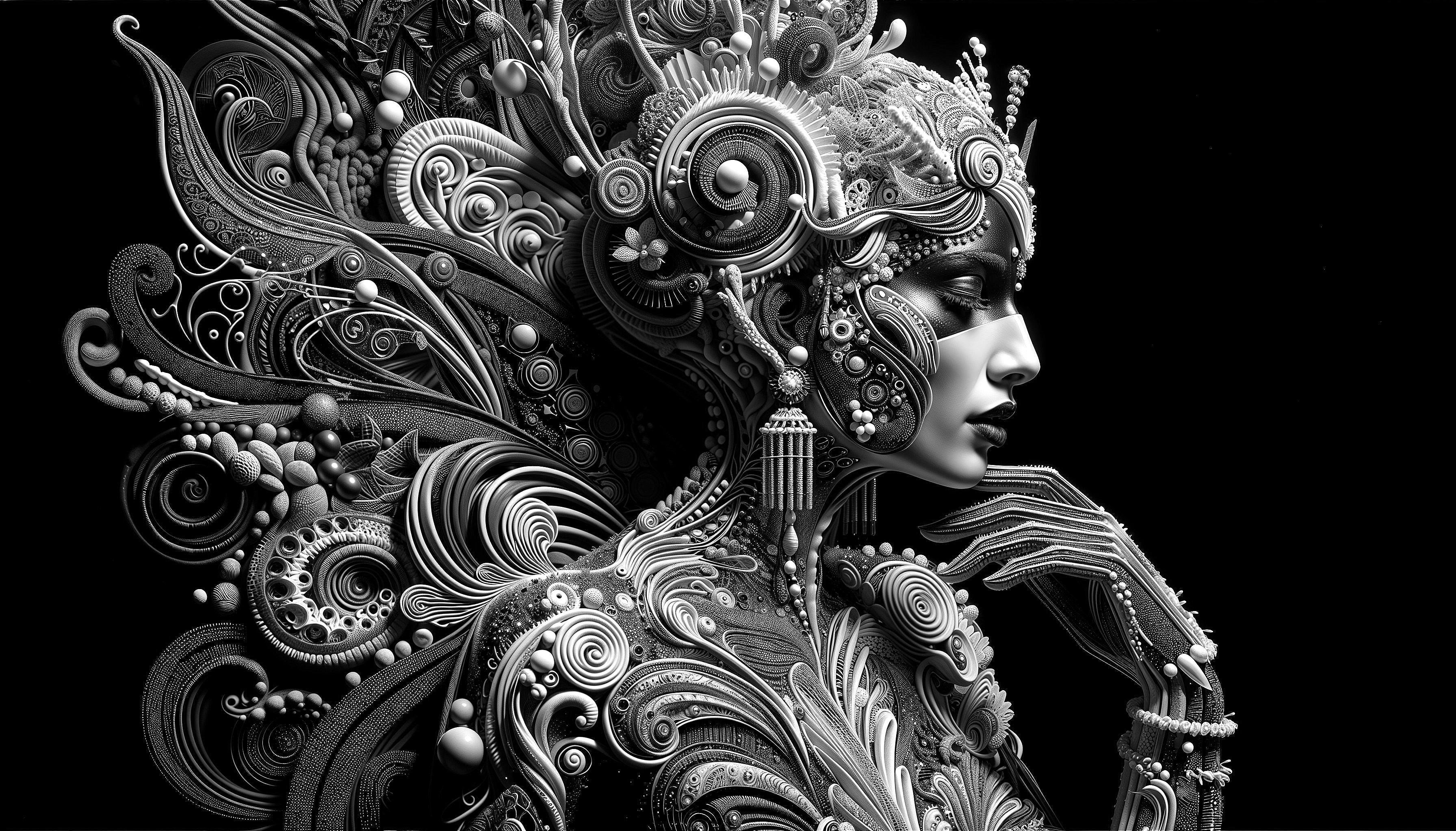 Intricate Black and White Female Profile Art Design