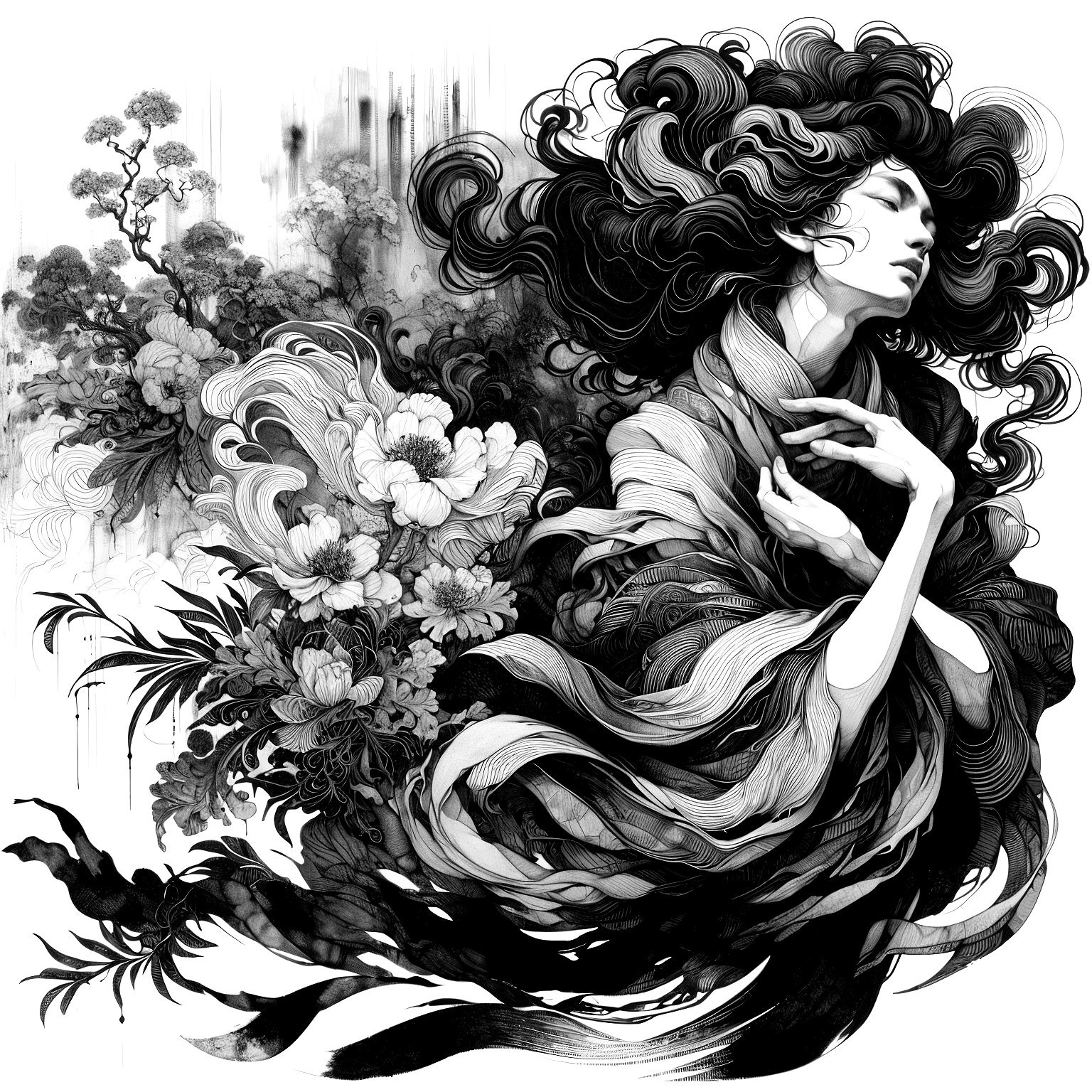 Graceful Figure Surrounded by Floral Designs