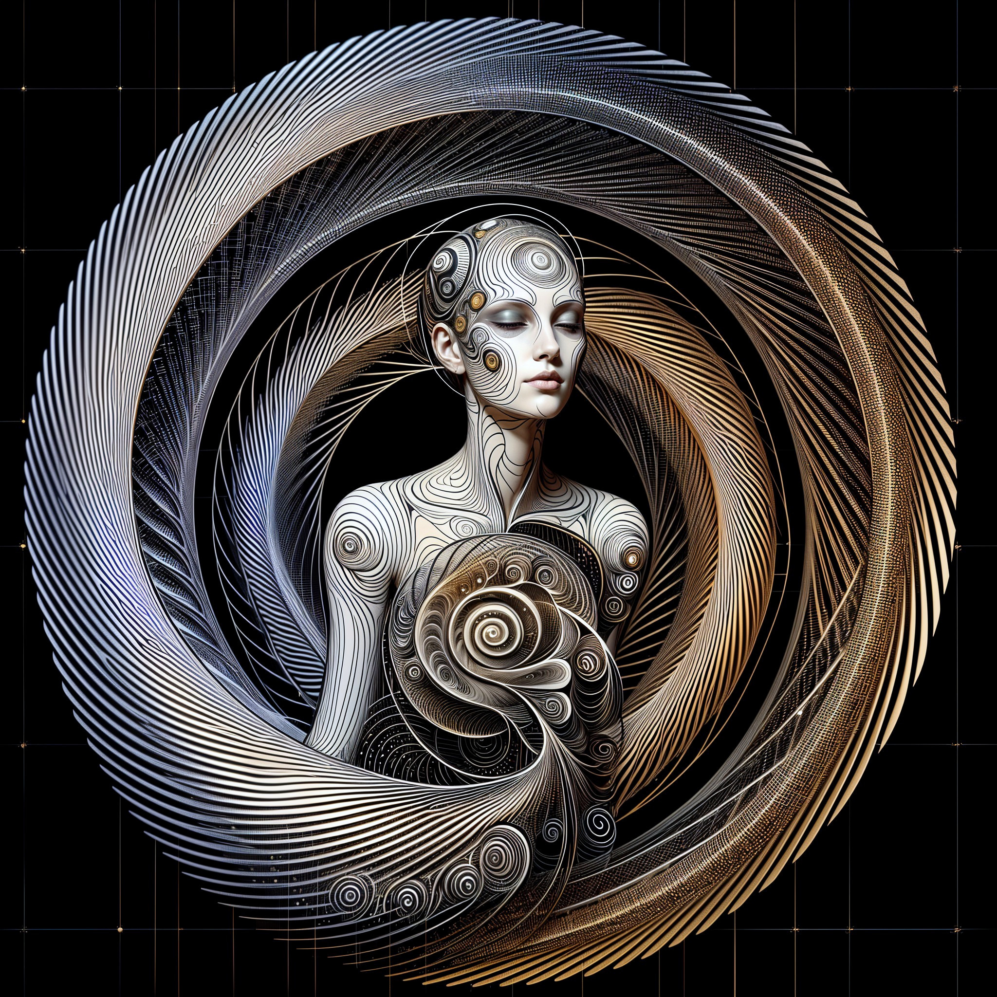 Stylized Figure of a Woman with Intricate Patterns