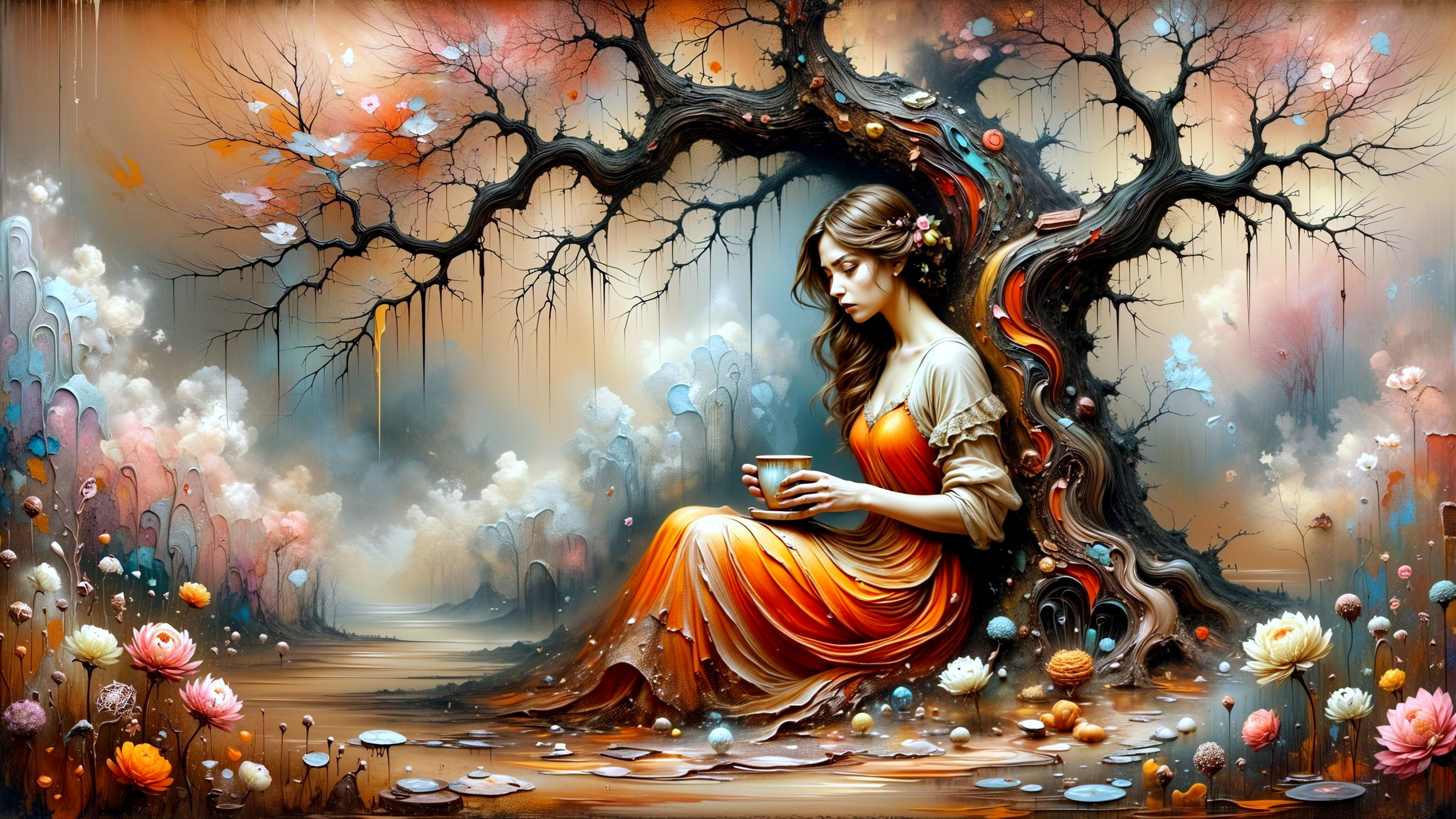 Serene Woman in Whimsical Landscape with Twisted Tree