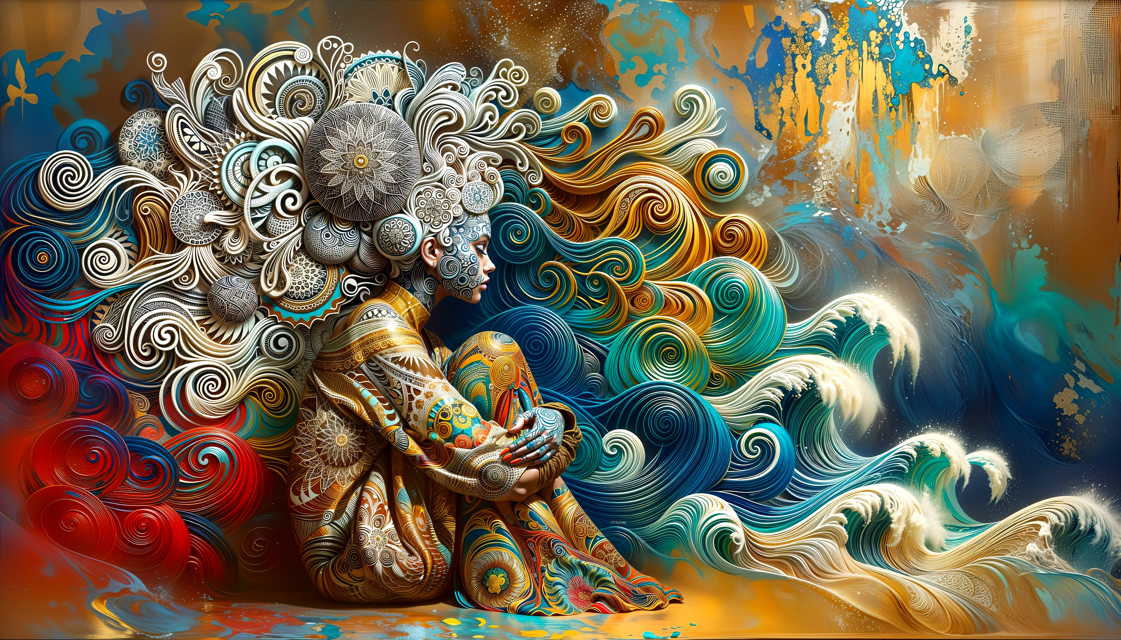 Stylized figure surrounded by intricate wave patterns