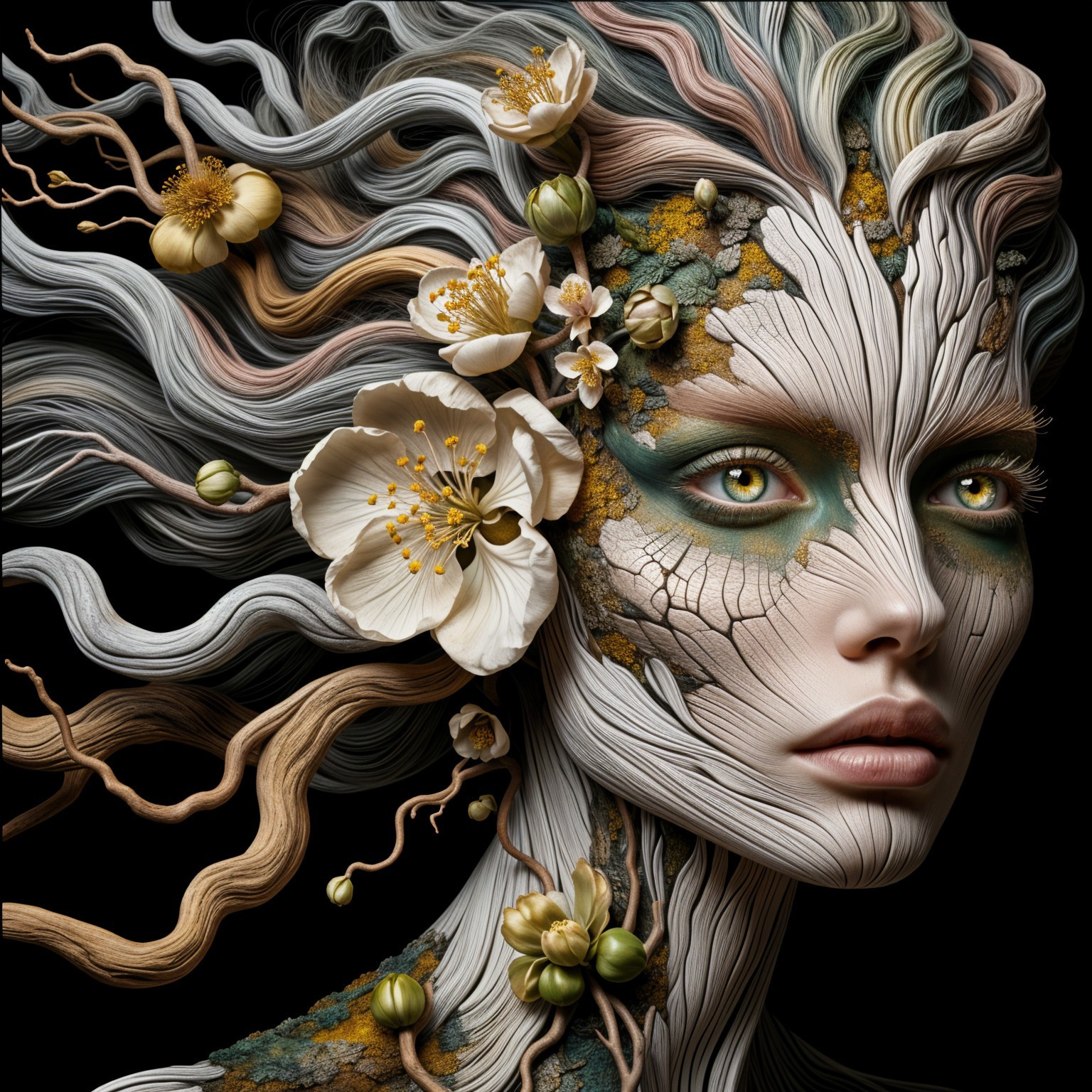 Ethereal Female Figure with Nature-Inspired Features