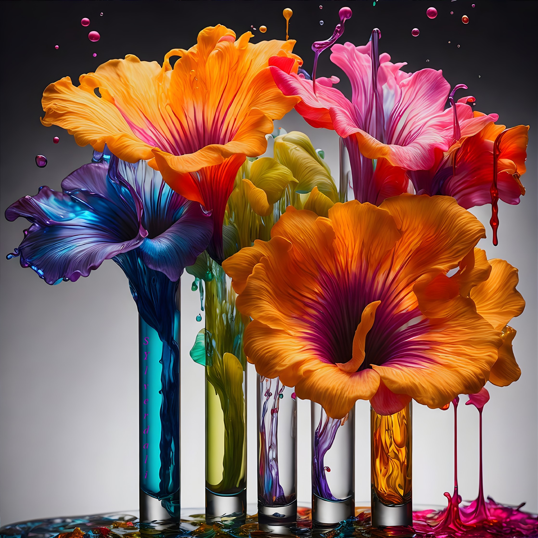 Vibrant flower painting with paint-like textures on dark background