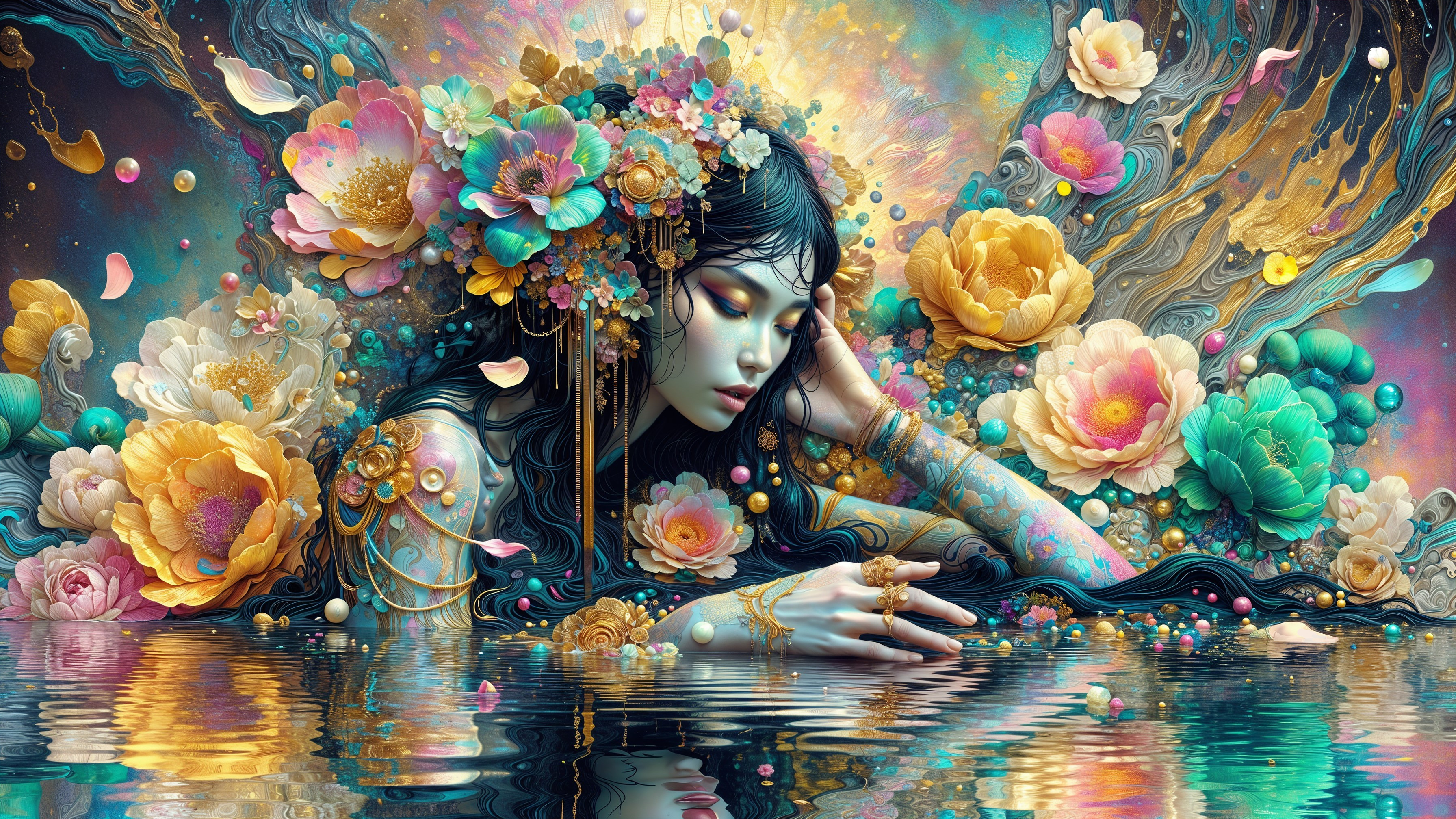 Serene Woman Surrounded by Colorful Floral Elements