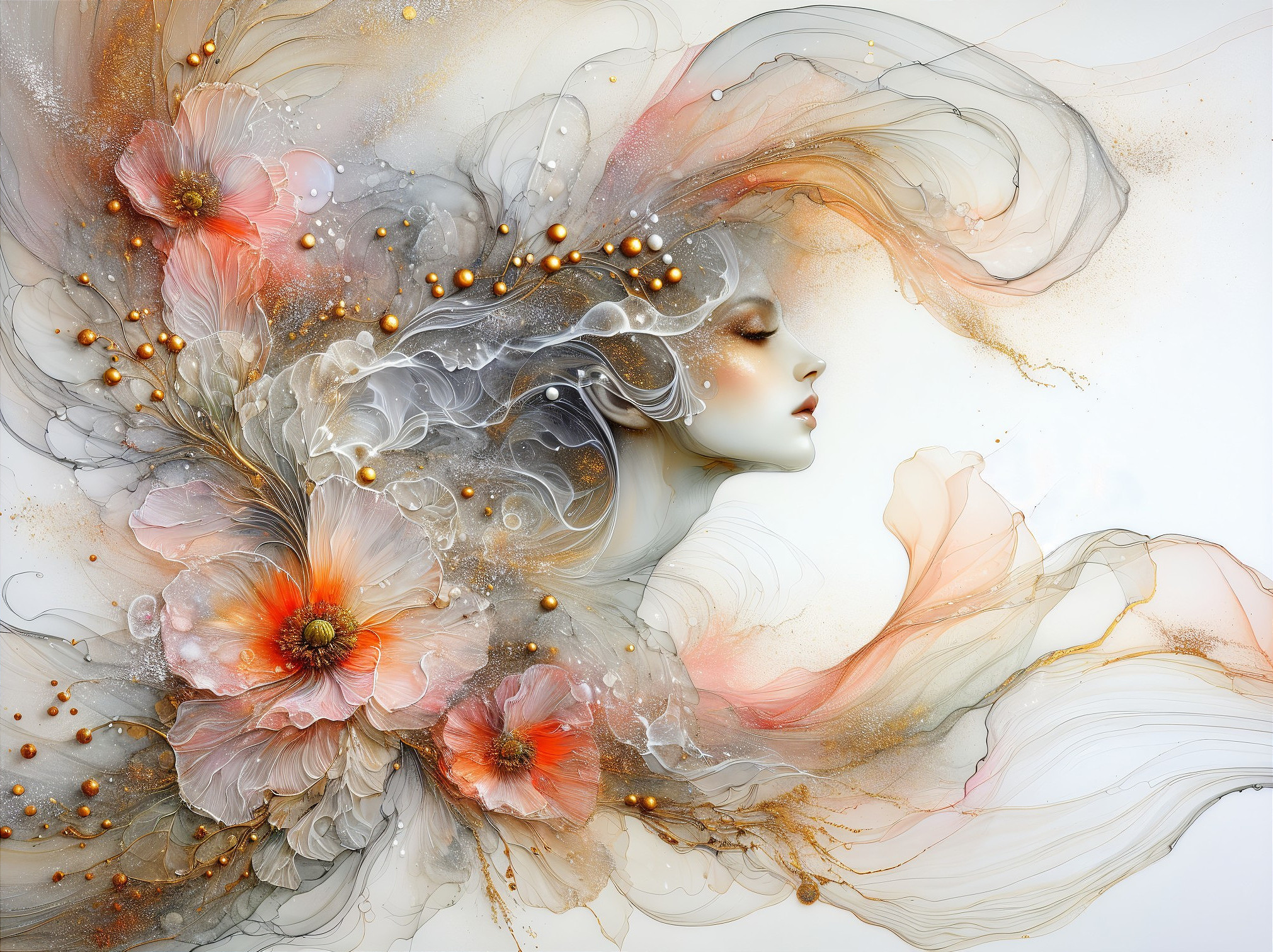 Ethereal Abstract Art with Female Face and Flowers