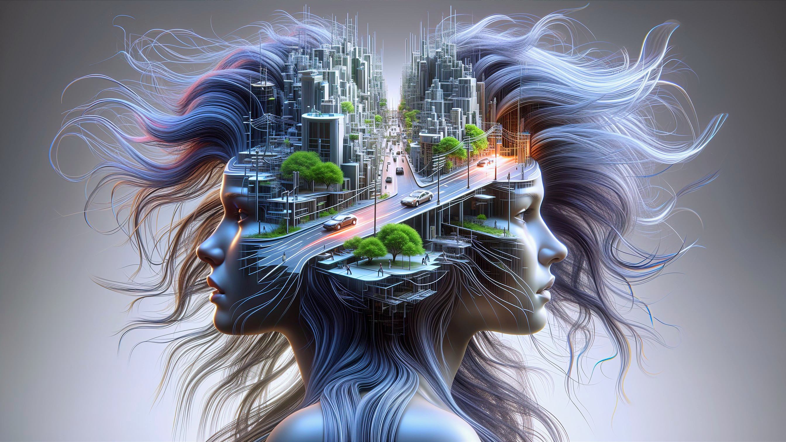 Two Profile Faces Merging with Futuristic Cityscape