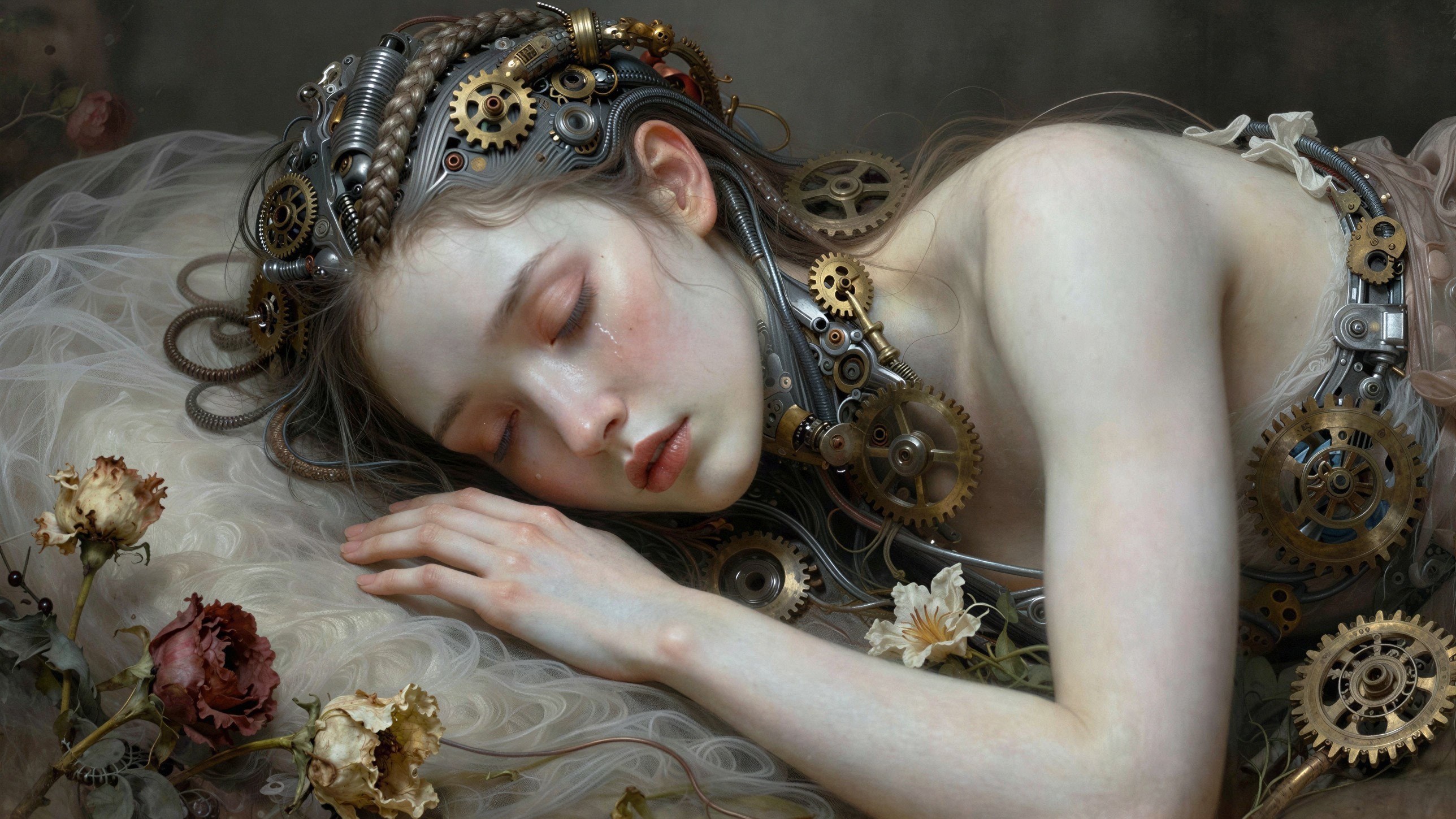 Fantasy Oil Portrait of Young Woman in Steampunk Style