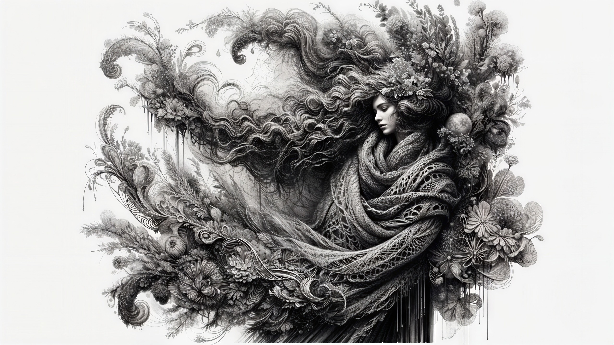 Monochrome Artwork of Woman with Floral Hair Design