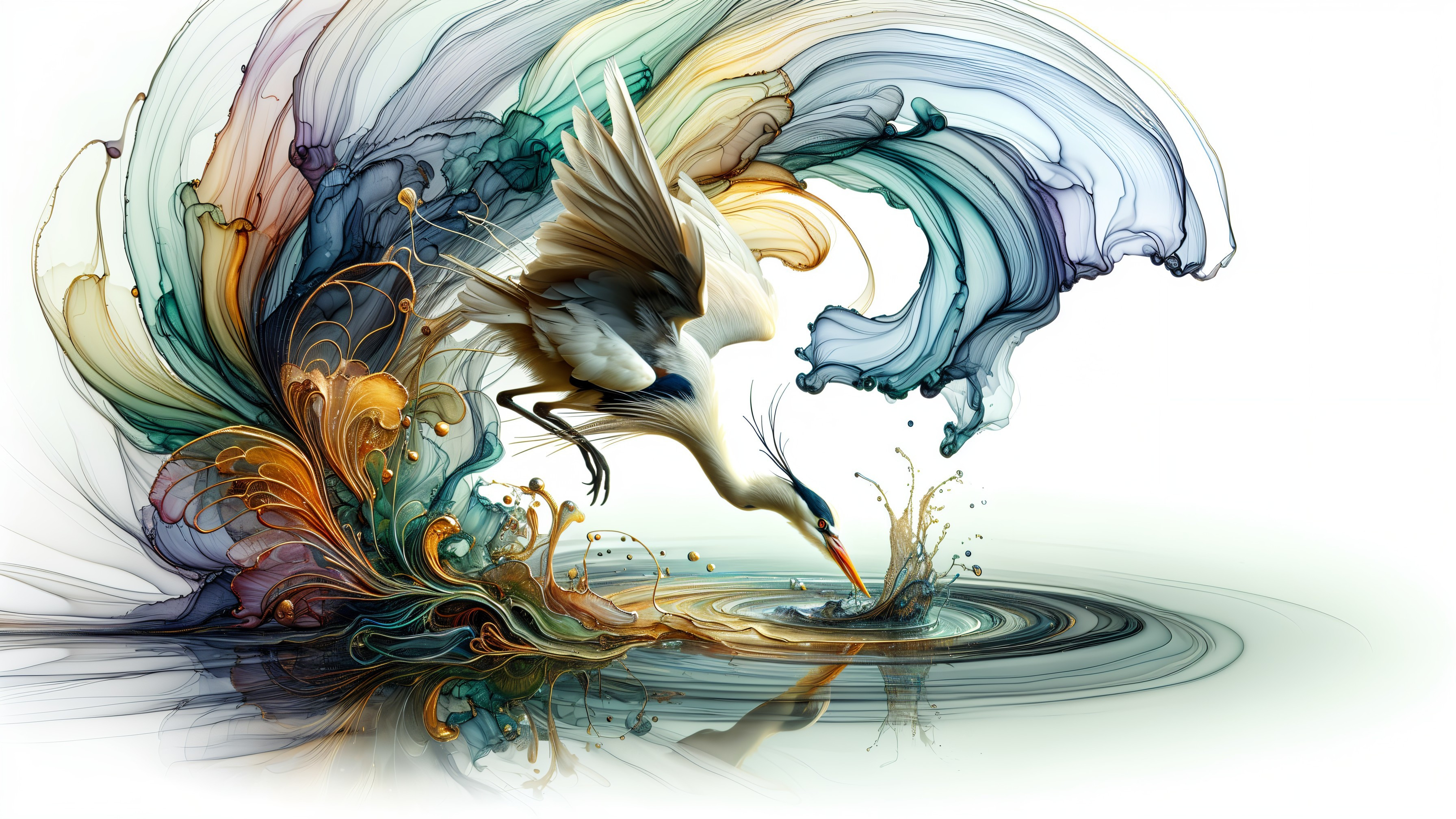 Heron Mid-Dive in Vibrant Swirling Waves Artwork