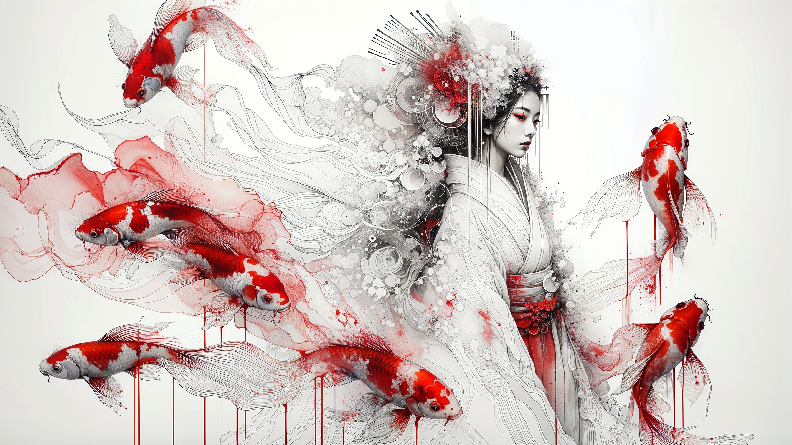 Serene Woman in Traditional Attire with Koi Fish