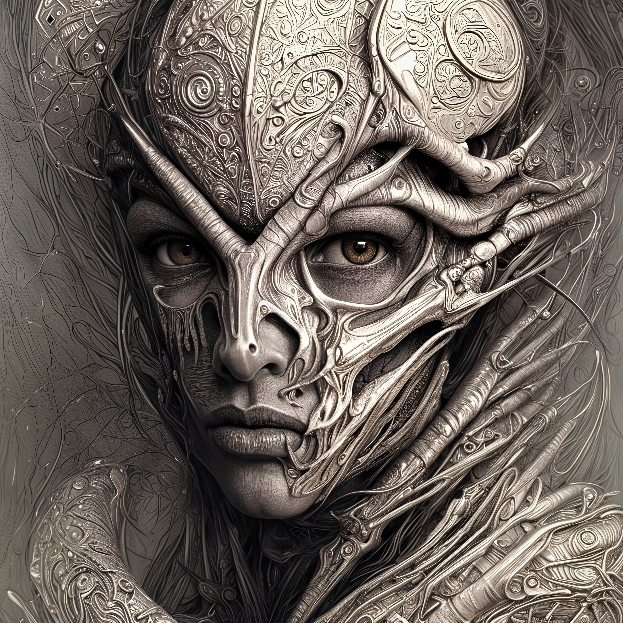 Surreal Portrait of Humanoid with Organic and Mechanical Elements