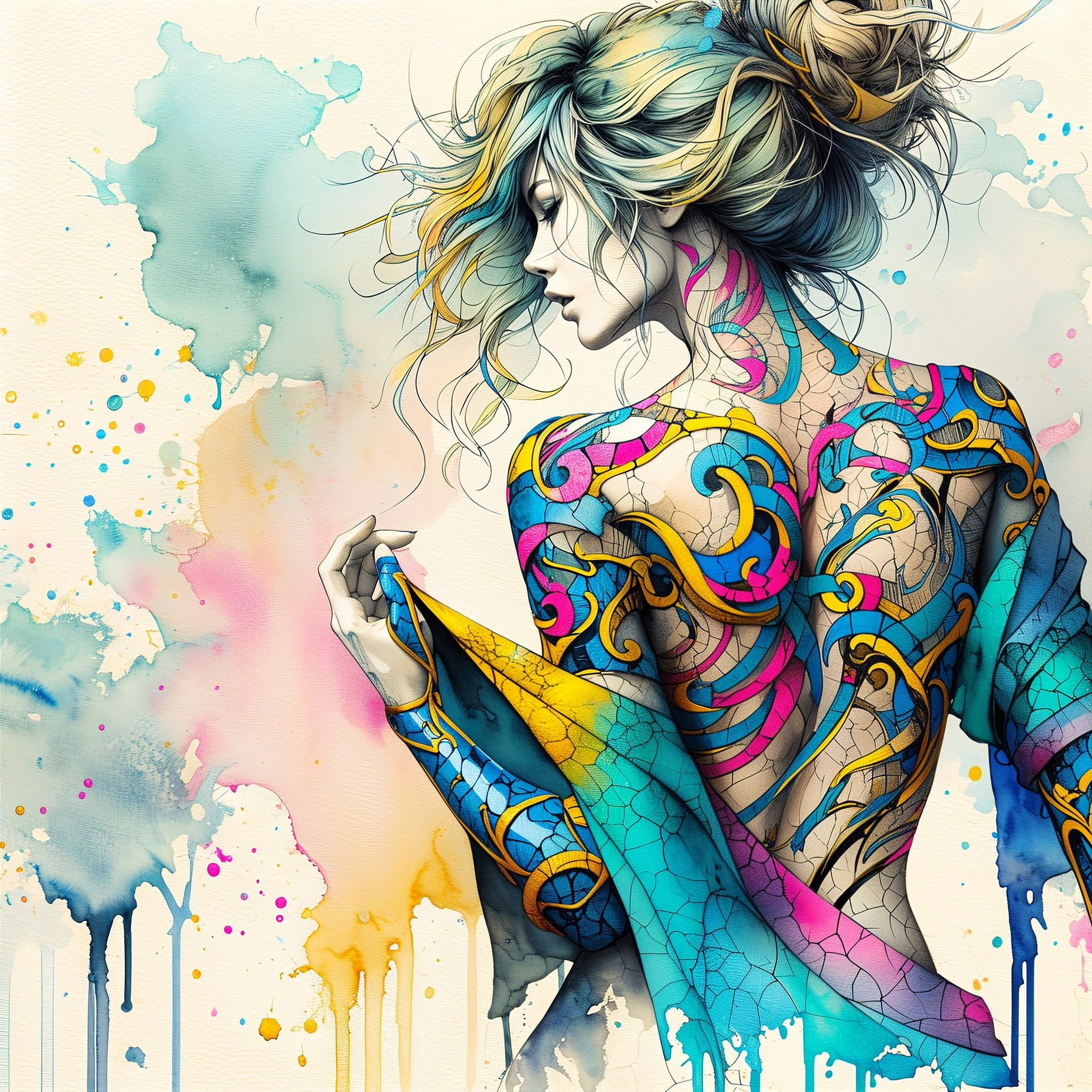 Woman with Colorful Tattoo in Ethereal Artwork