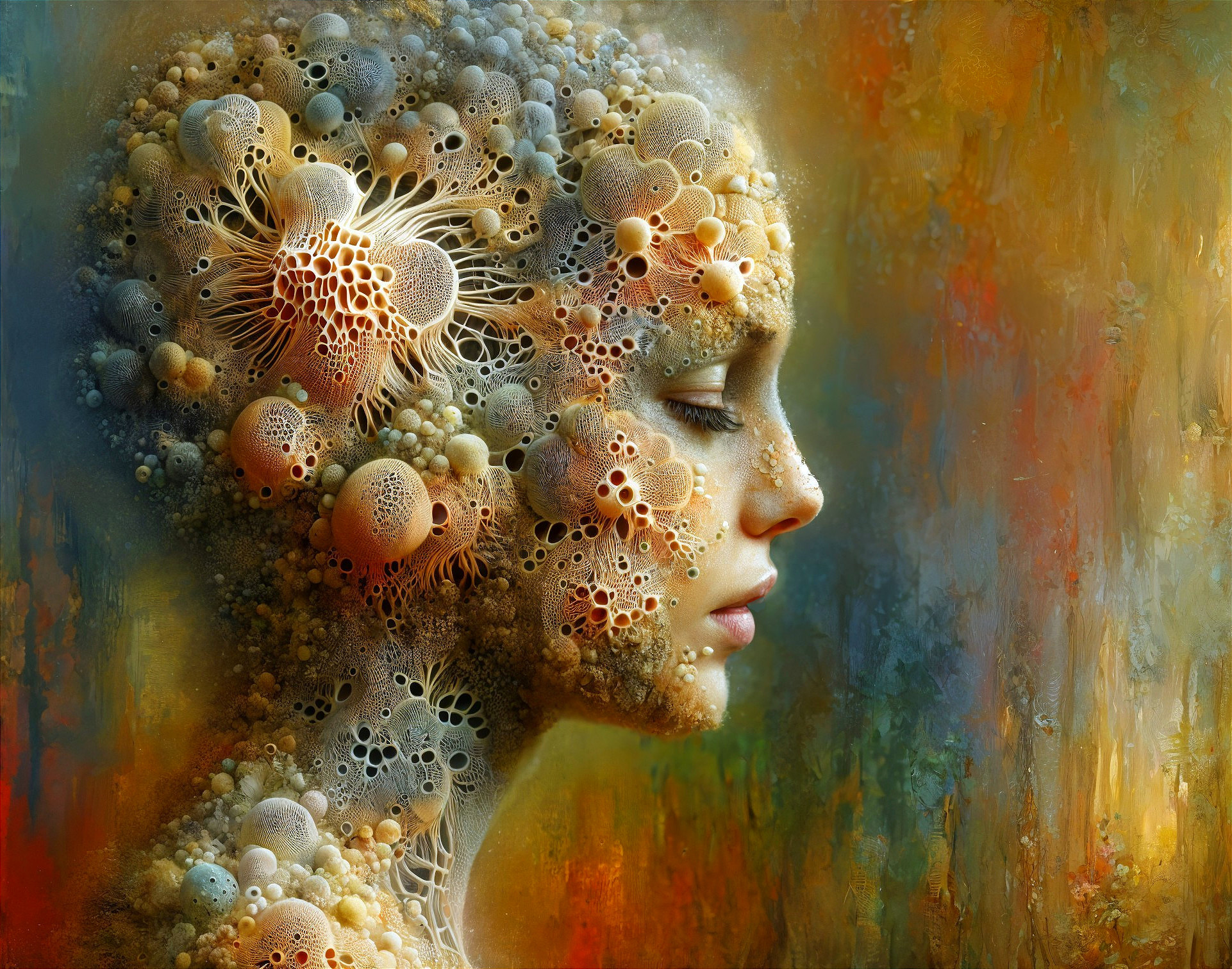 Surreal Profile of Woman with Coral and Bubble Elements