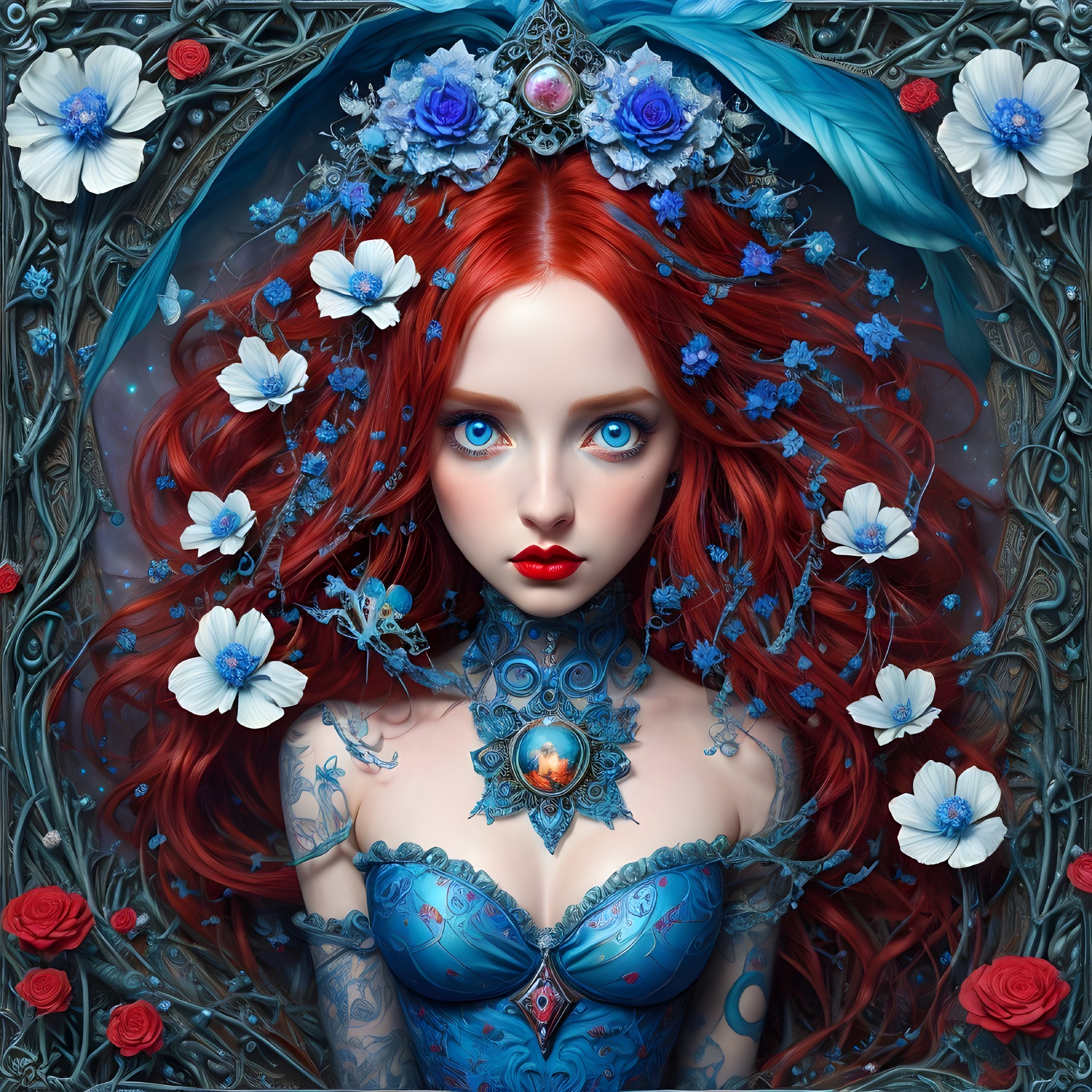 Digital artwork: Woman with red hair & floral crown in intricate floral frame