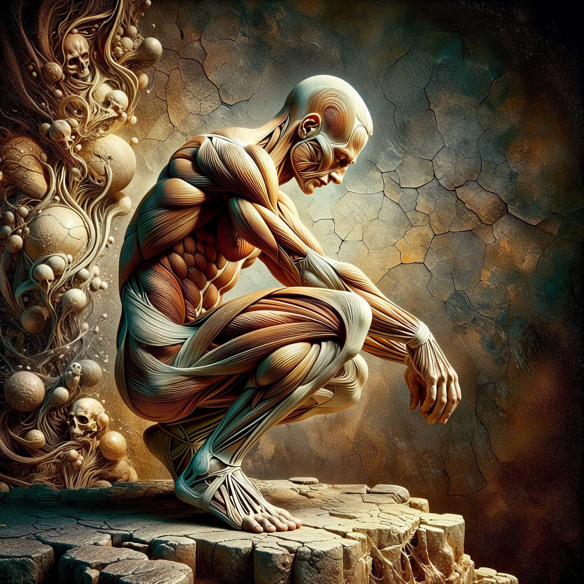 Stylized Human Figure in Crouching Pose with Surreal Background