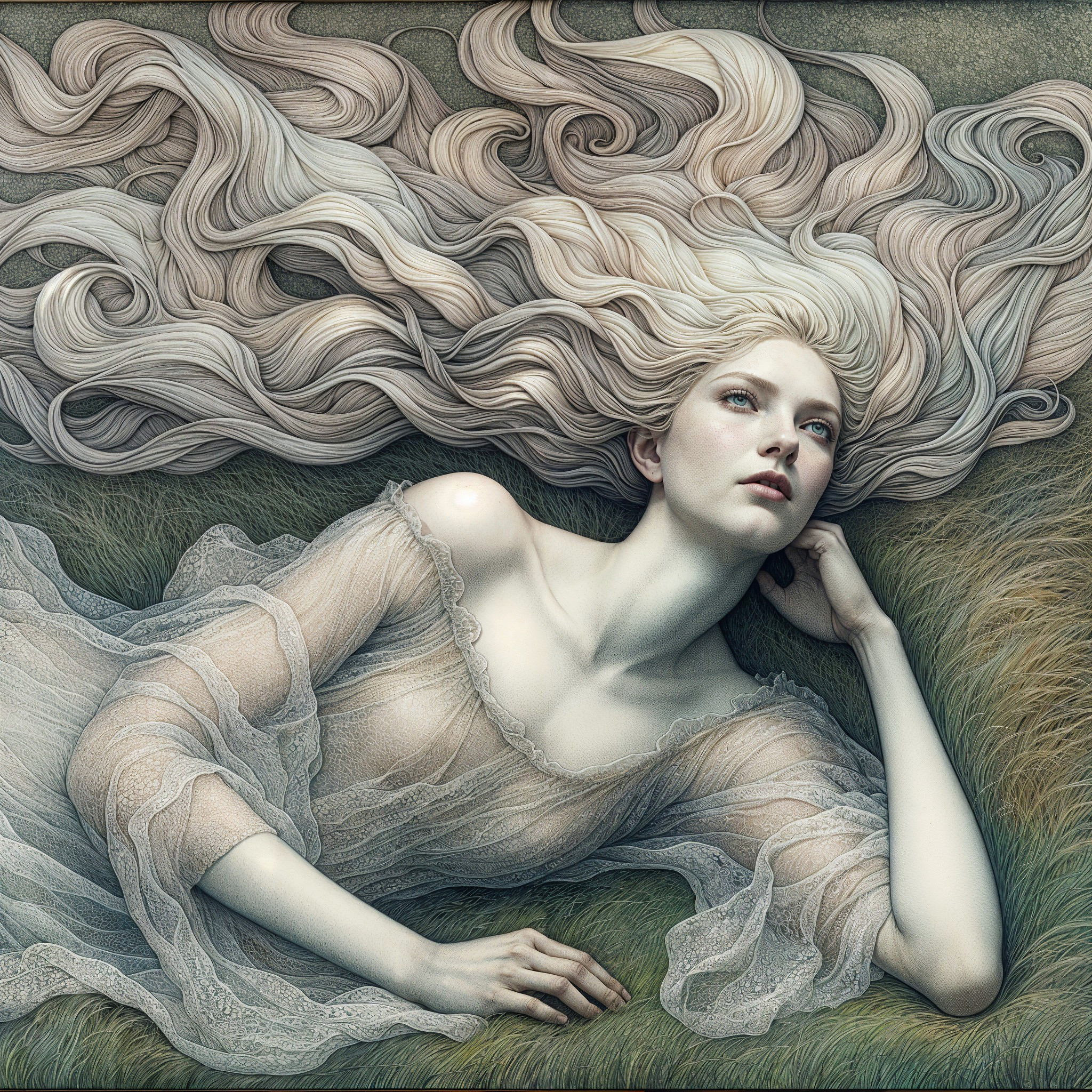 Serene figure on grass in delicate sheer garment