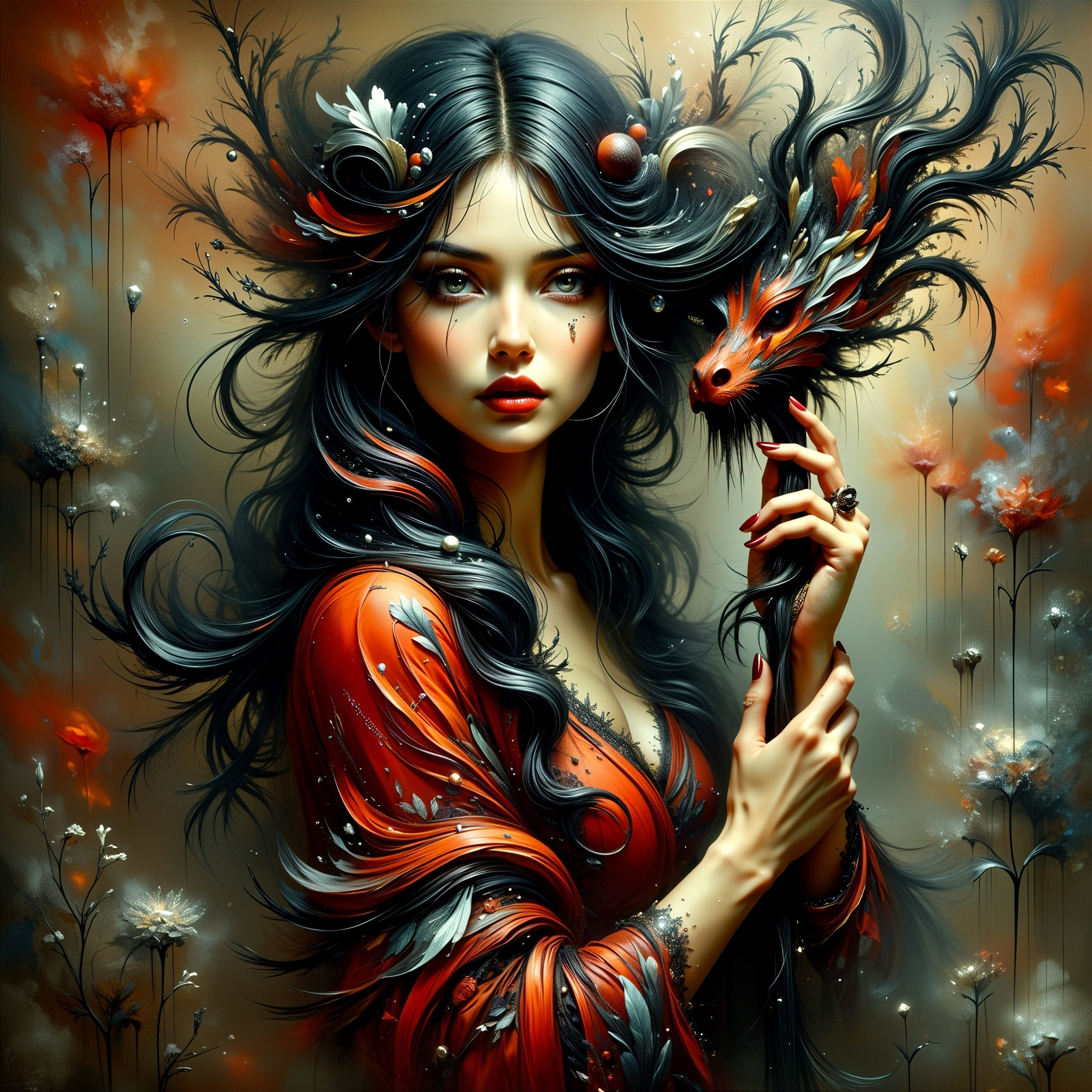 Mystical Woman in Red Gown with Dragon Staff