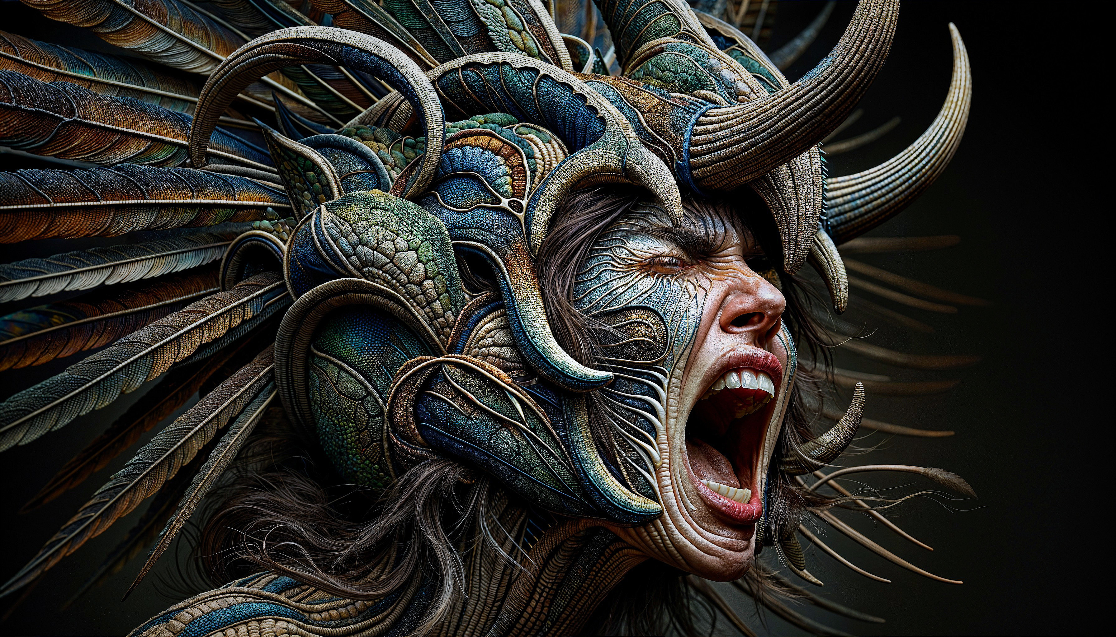 Surreal Portrait with Organic Headdress and Emotion
