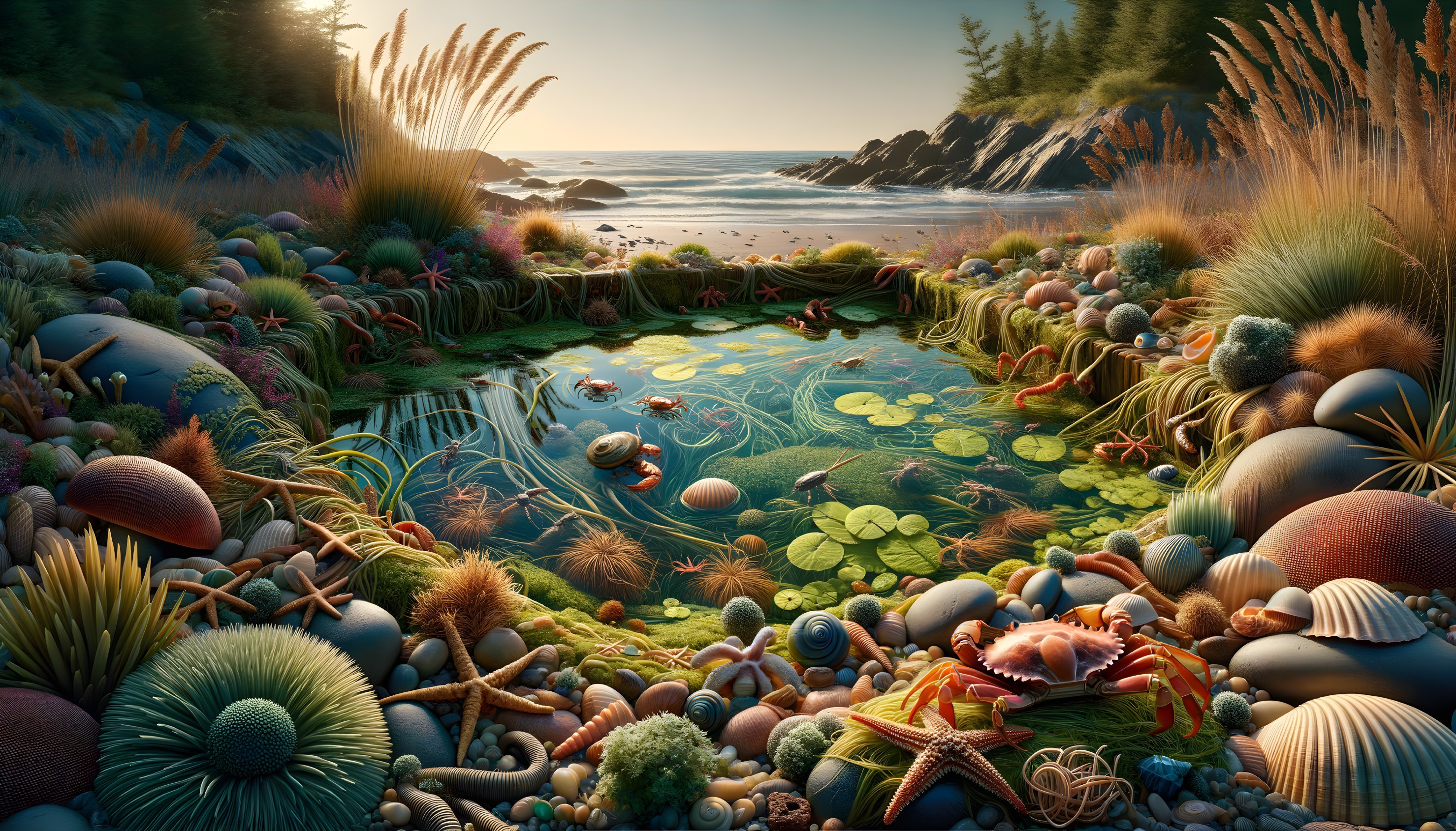 Colorful underwater to tranquil beach with marine life and rocky shores.