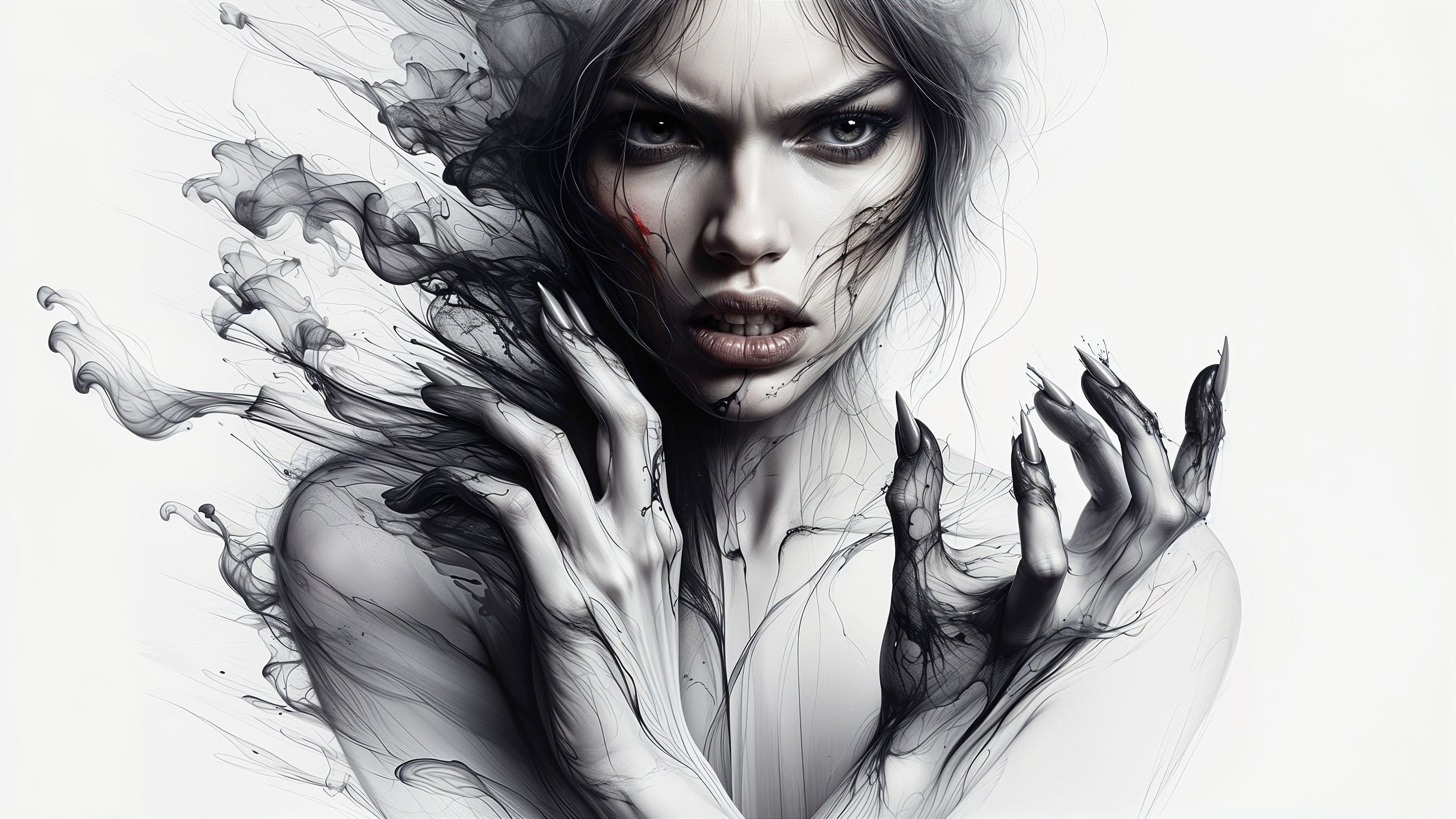 Woman with Emotive Eyes and Dark Abstract Elements
