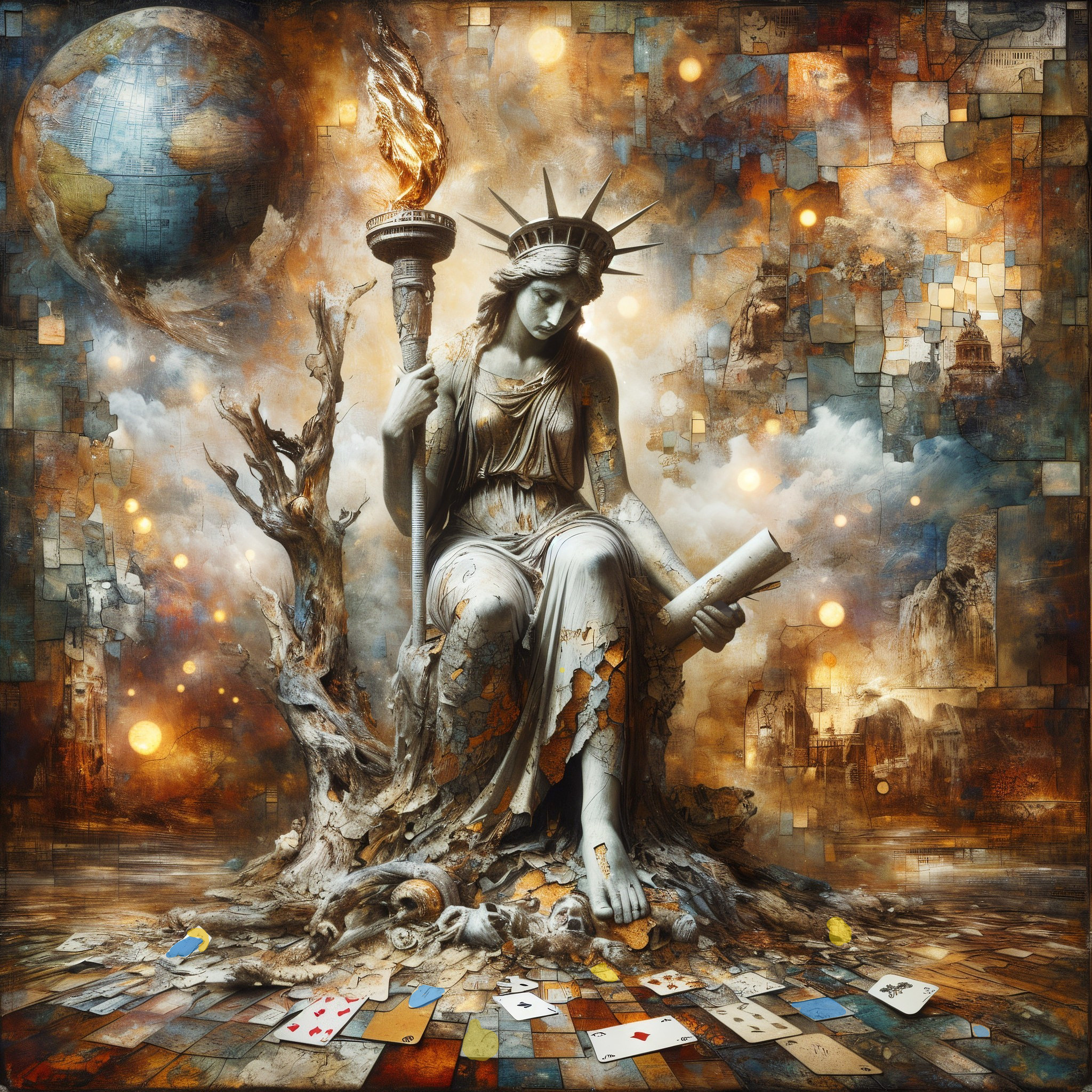 Stylized Liberty Figure on Tree Stump with Torch