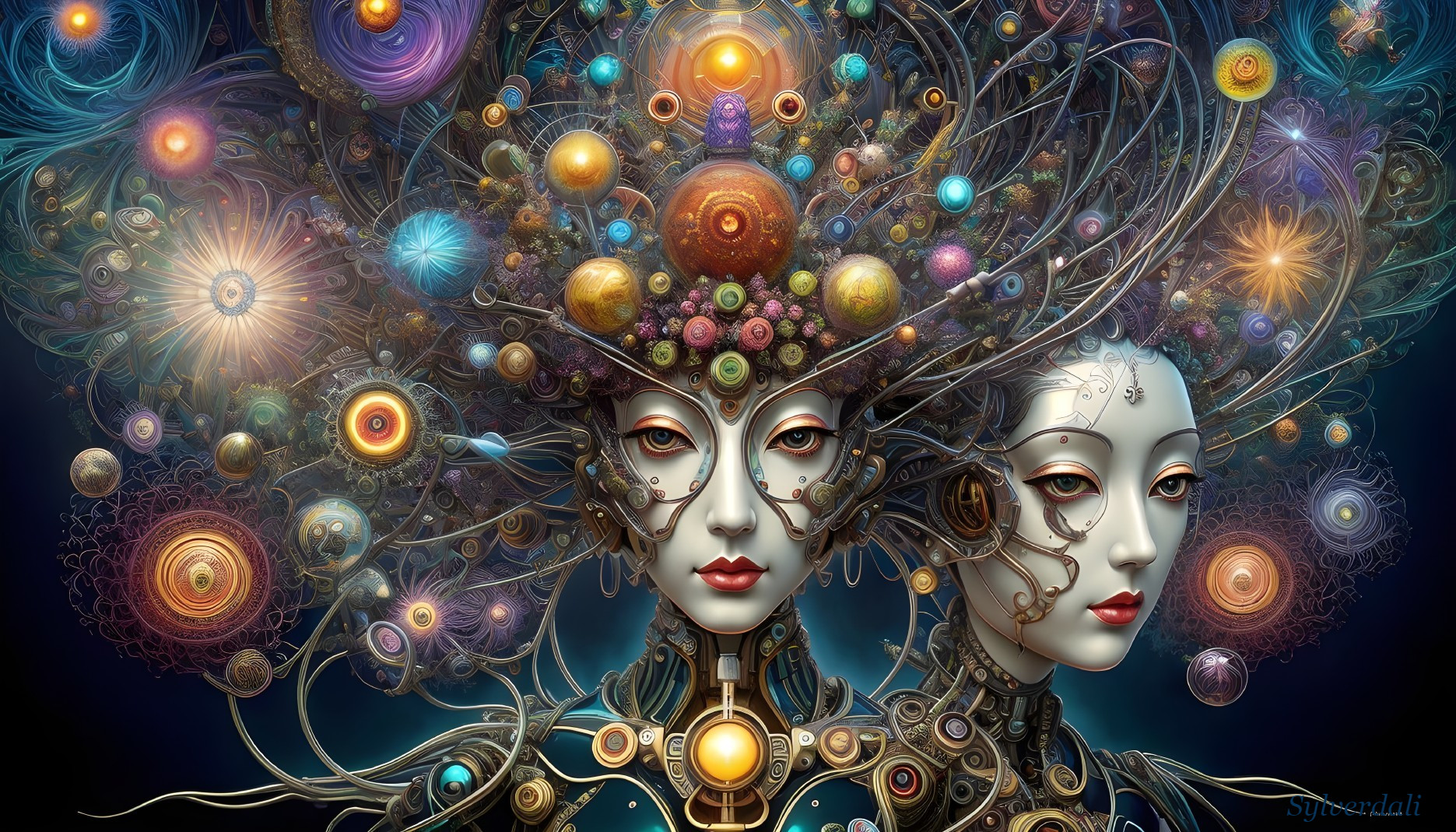 Symmetrical cosmic-tree headpieces with celestial orbs in digital art