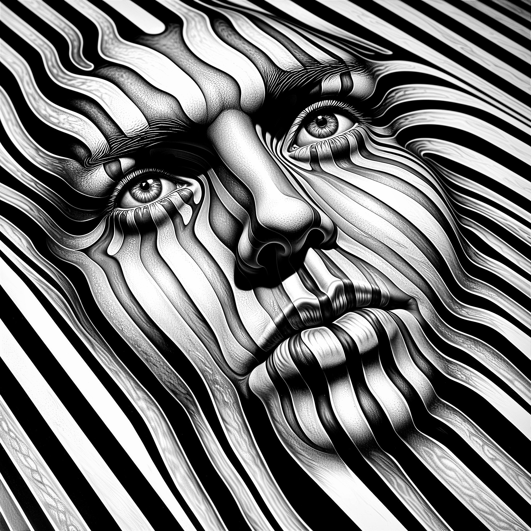 Monochromatic Melting Portrait with Abstract Stripes
