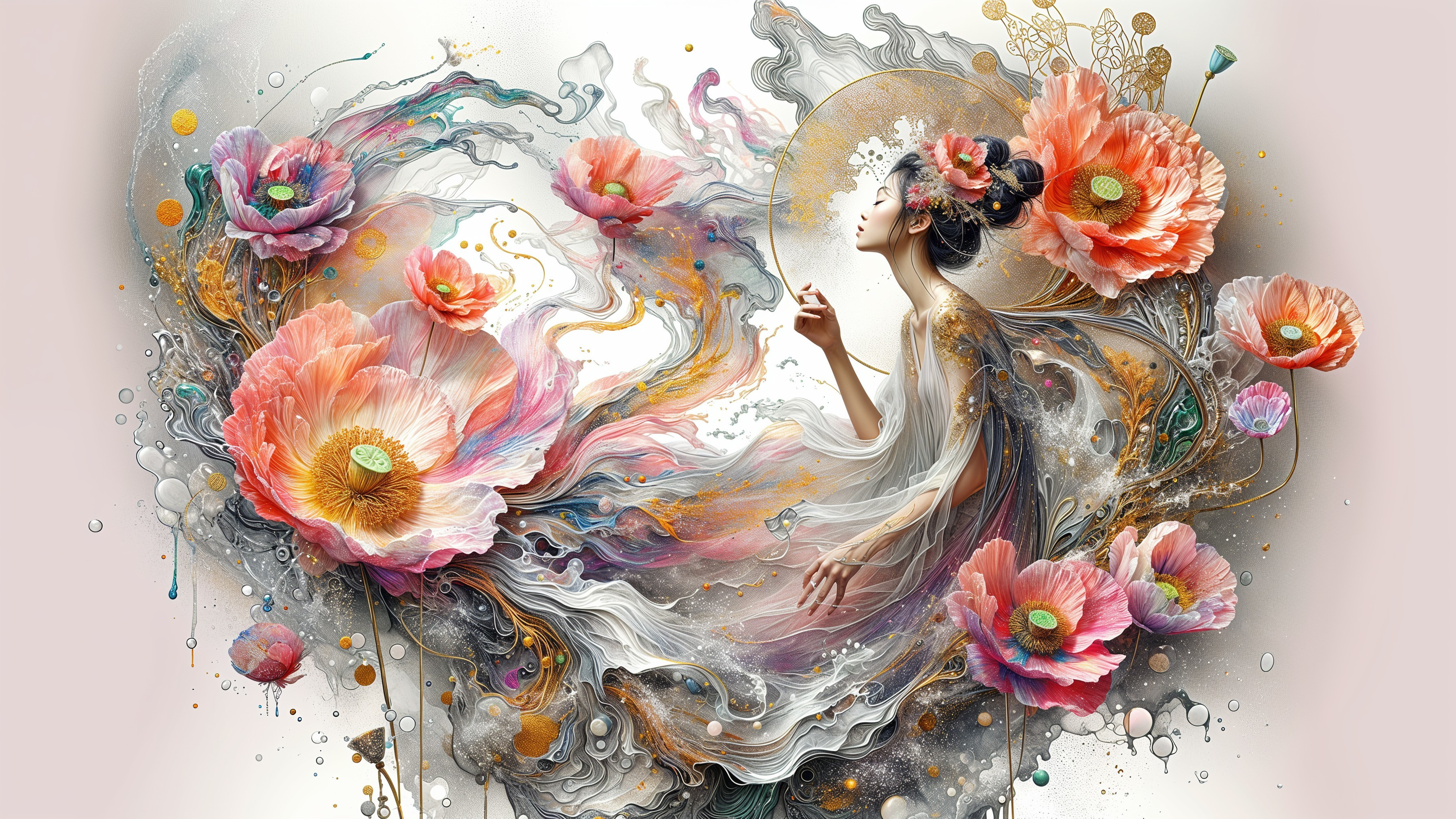 Graceful figure amidst vibrant colors and floral elements