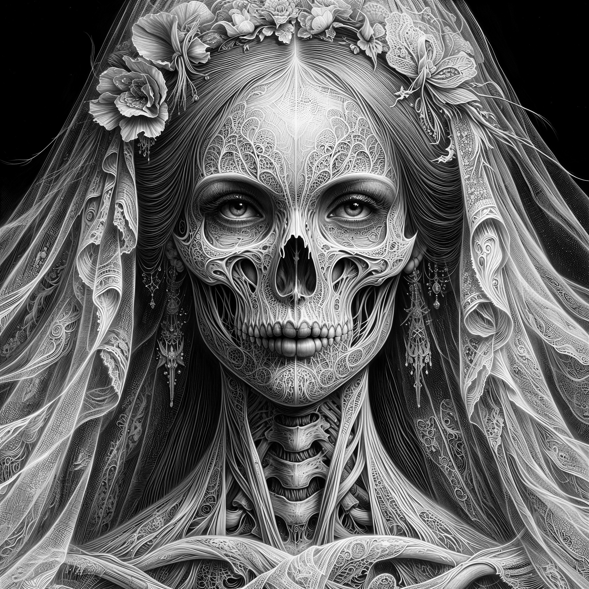 Black-and-white illustration of a skeletal bride figure