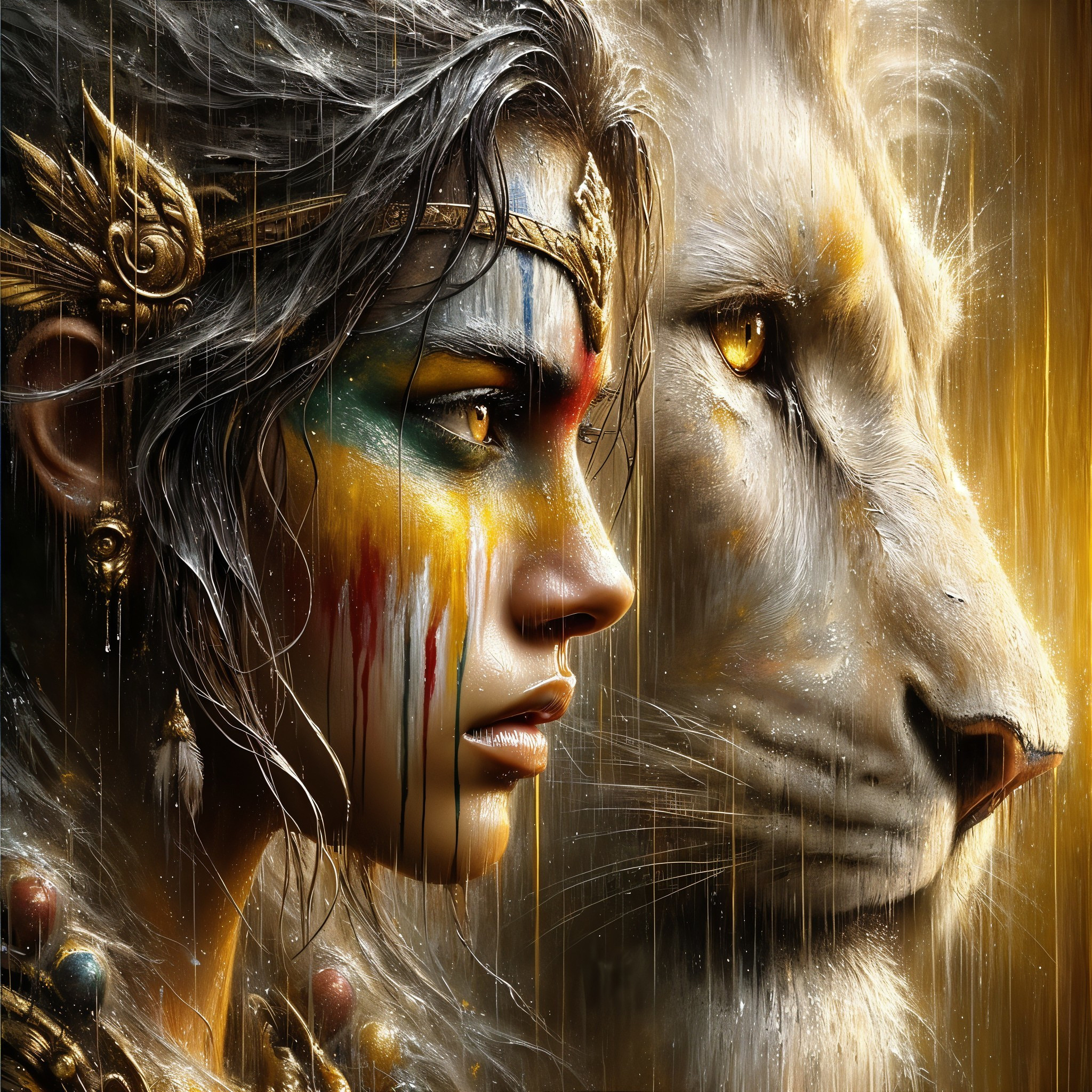 Portrait of a Woman with Face Paint and Lion Companion