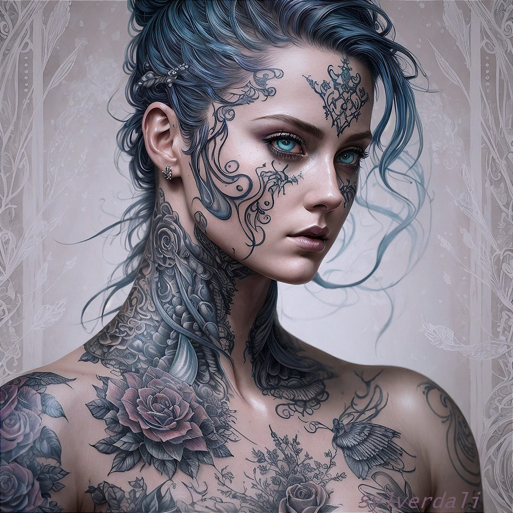 Elaborate floral and filigree tattoos on woman's face and neck