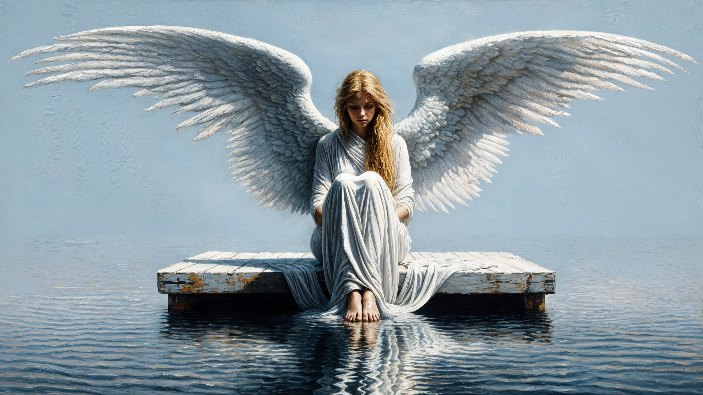 Angelic Figure on Wooden Platform in Calm Water