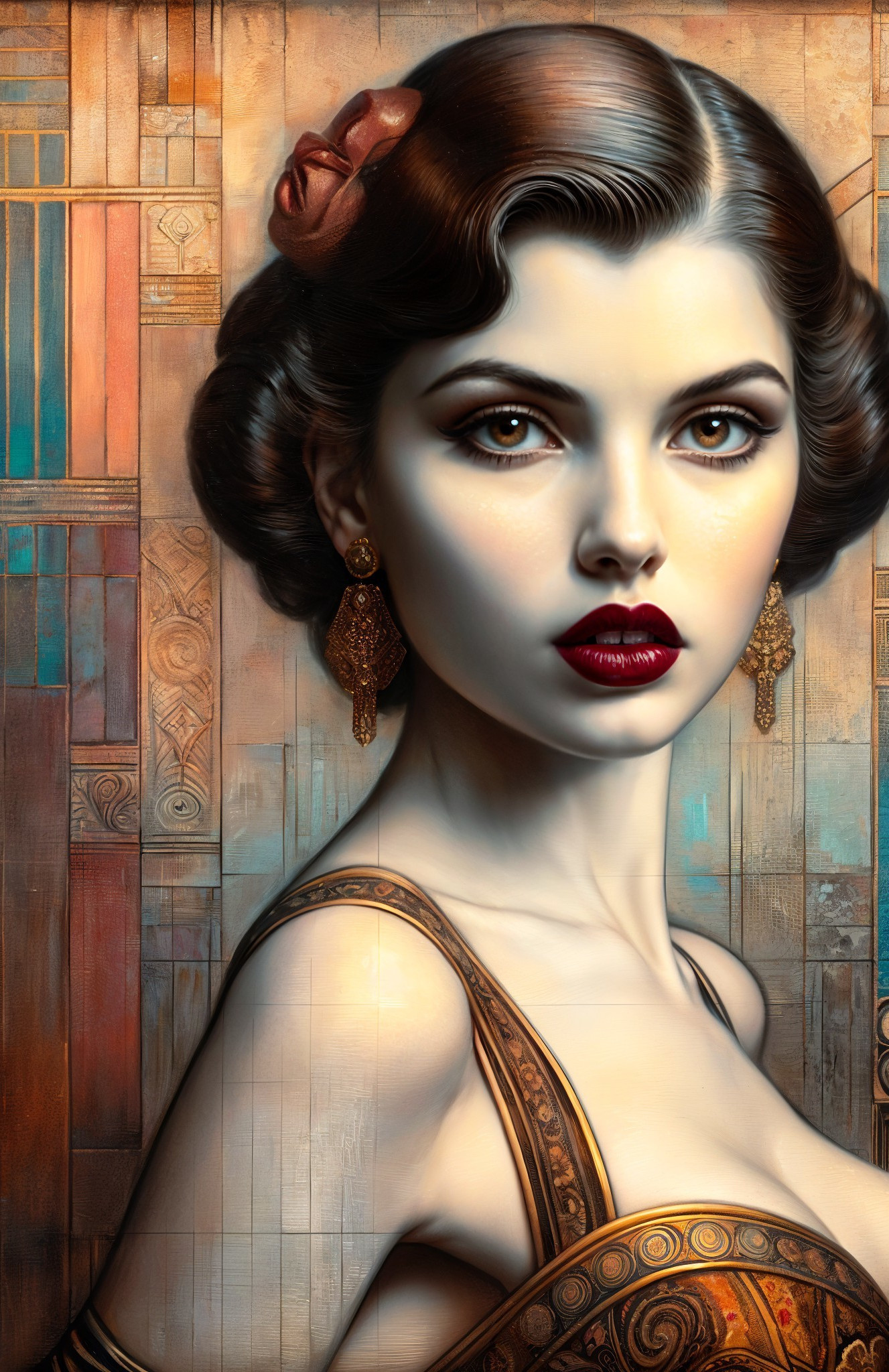 Glamorous Woman in Vintage Style with Art Deco Background