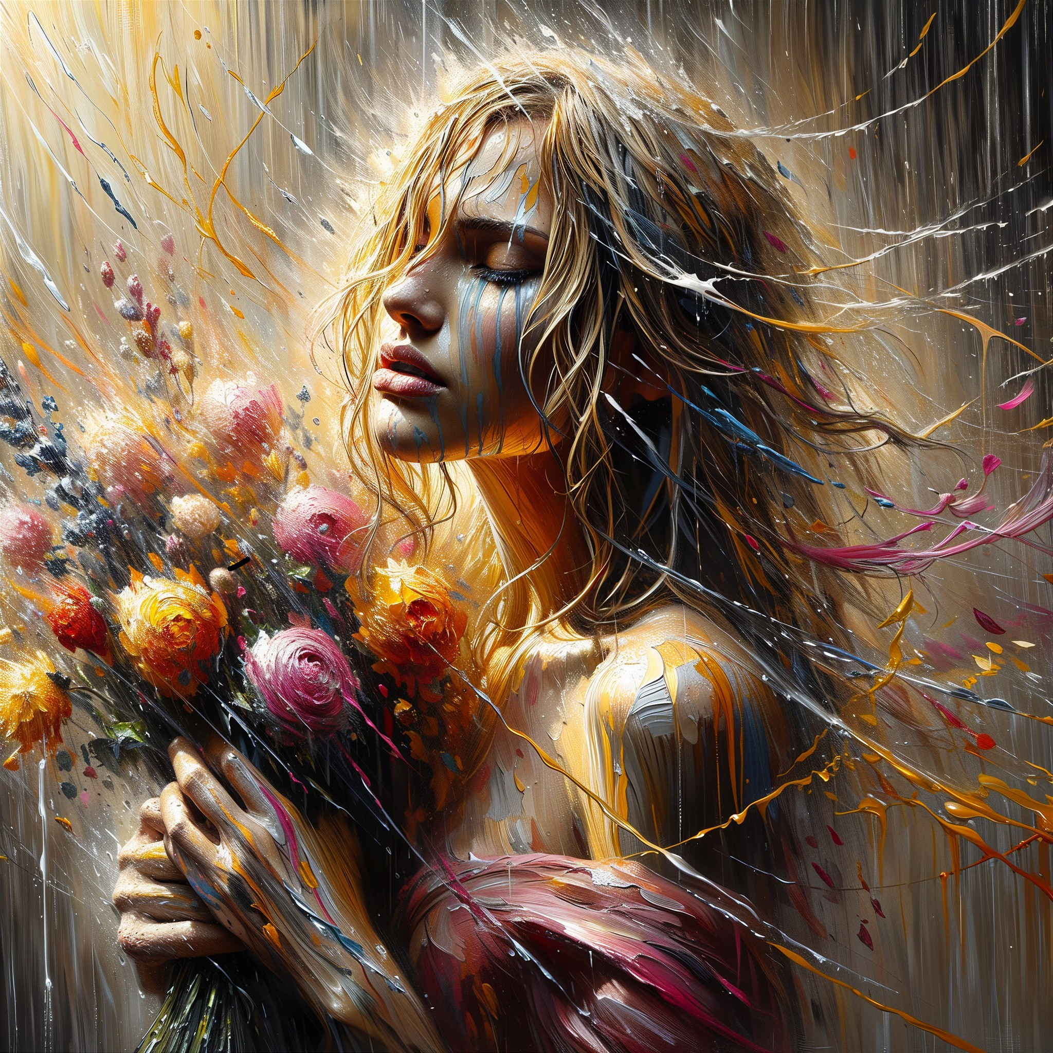 Portrait of a woman with vibrant flowers and emotion